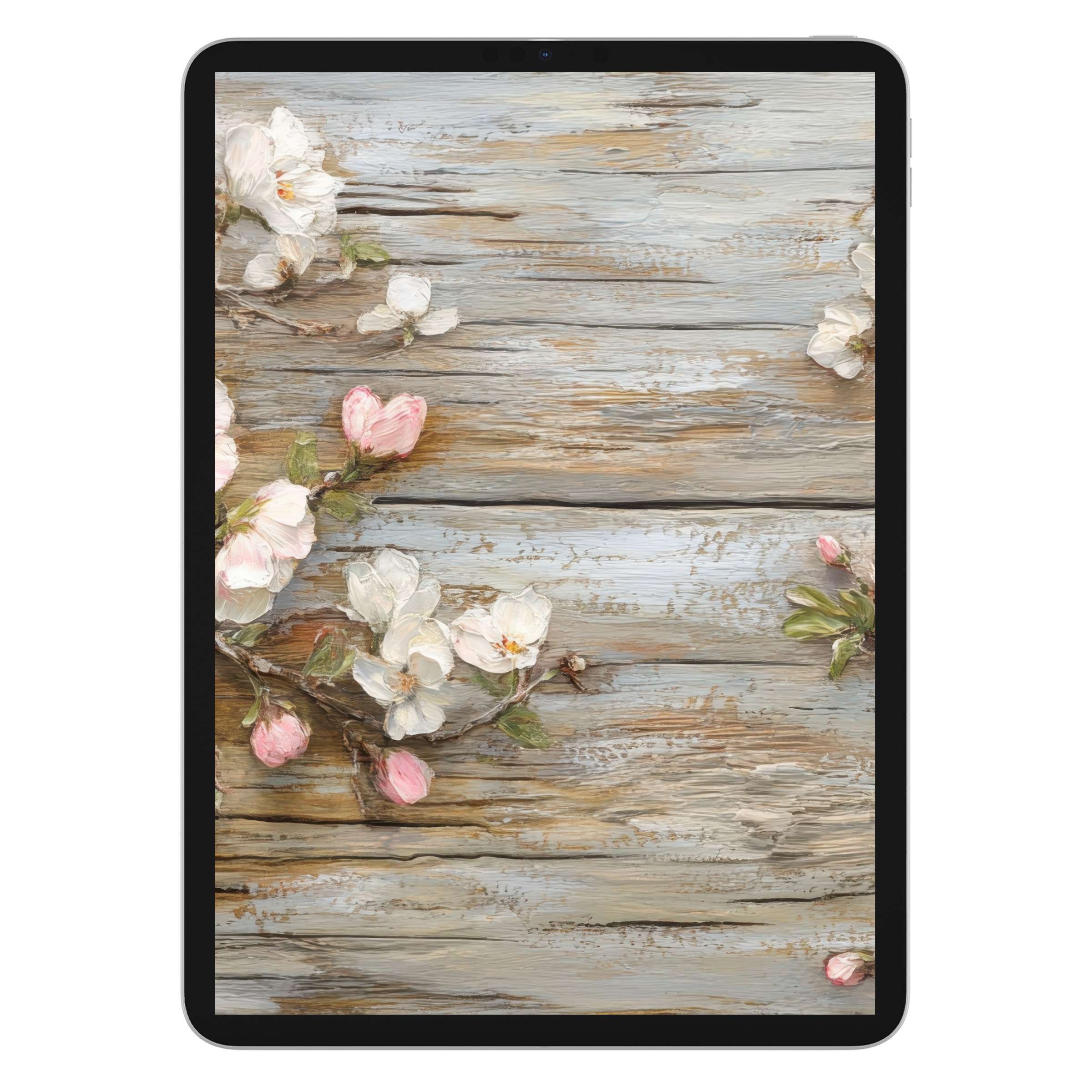 Textured floral iPad wallpaper with soft blossoms on a rustic wooden background ideal for tablet elegance digital download