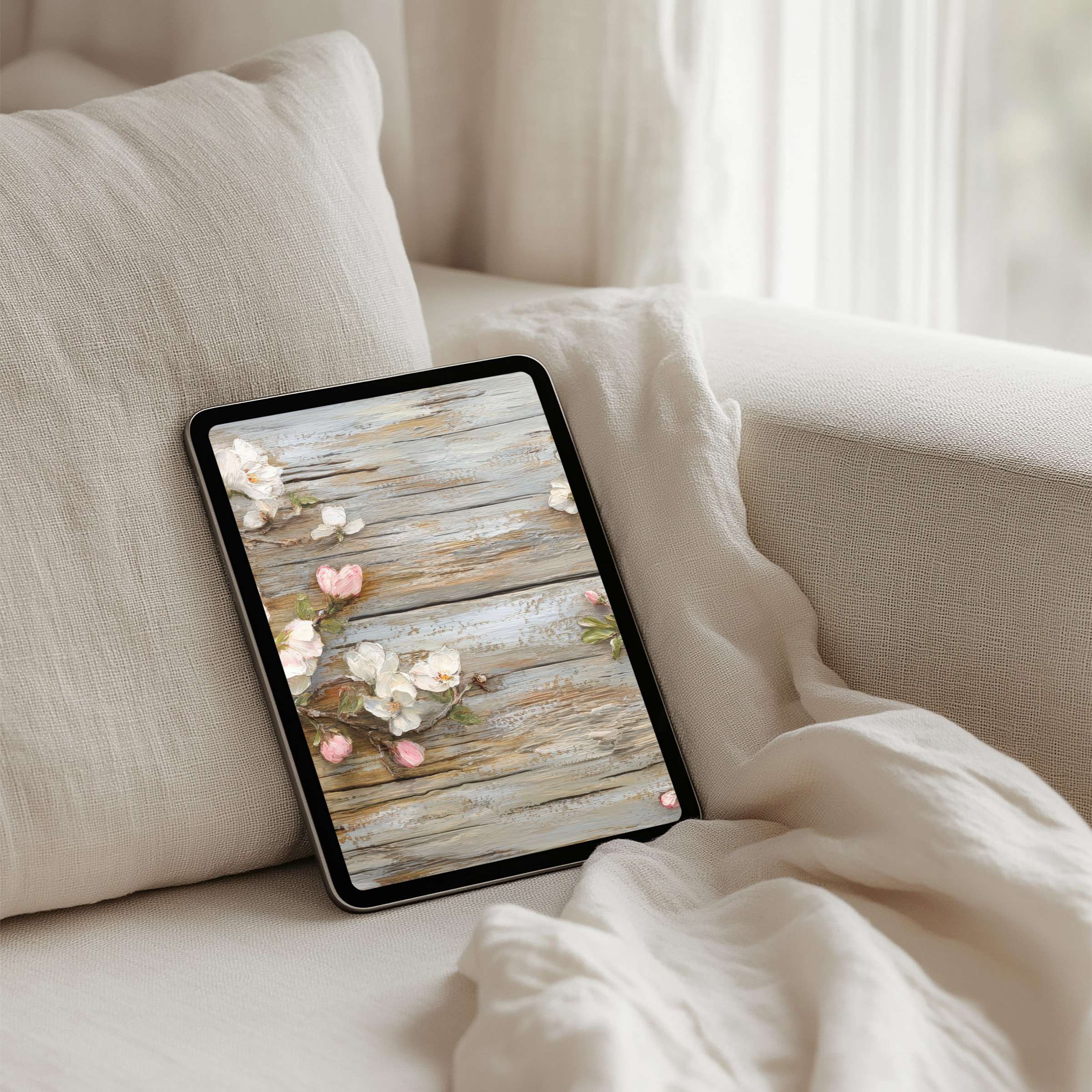 Elegant floral iPad background on a cozy cream sofa offers instant download for tablet users seeking calm and inspiration