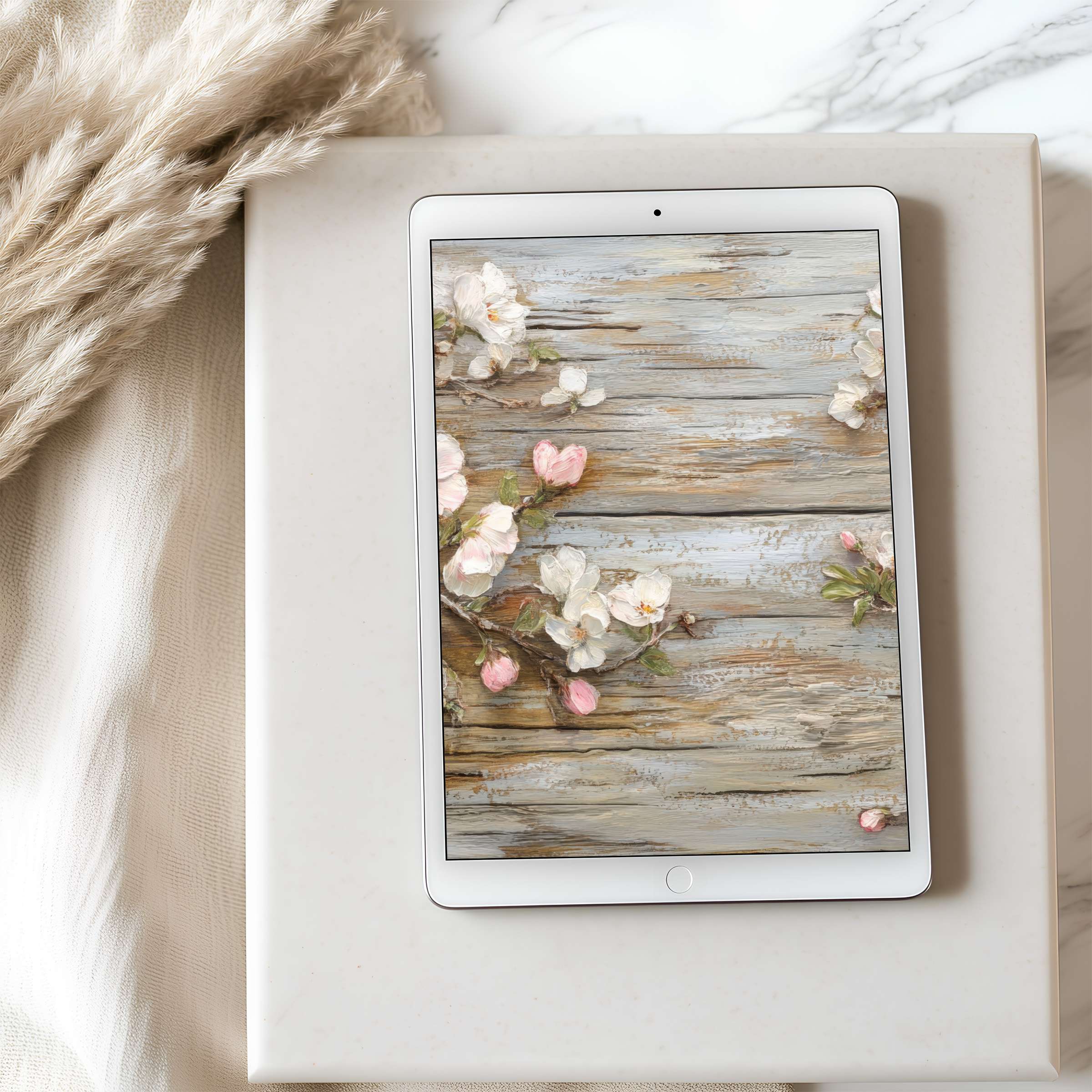Delicate floral tablet wallpaper with pink and white blossoms on rustic wood, curated for high-resolution iPad and Android tablets download