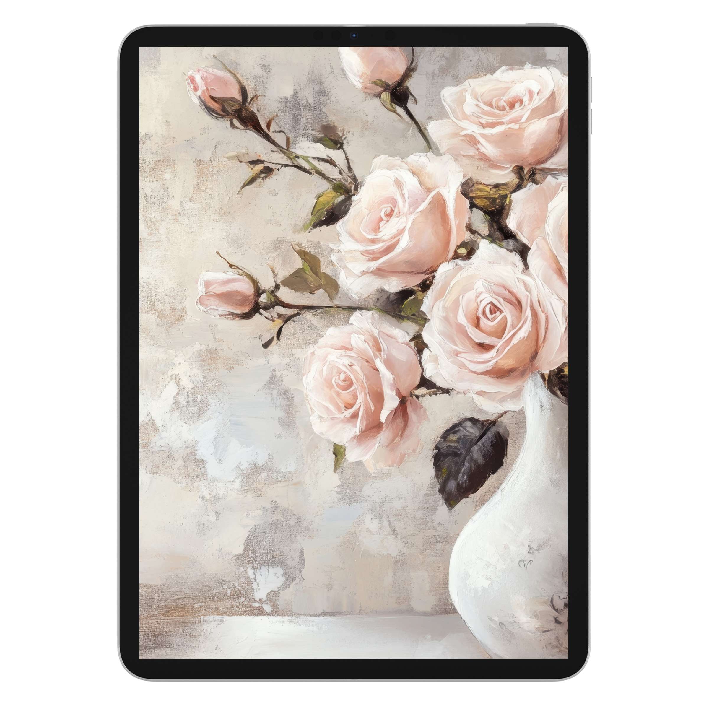 Elegant floral iPad wallpaper features pastel roses in an impressionistic painting style for a serene digital download tablet background