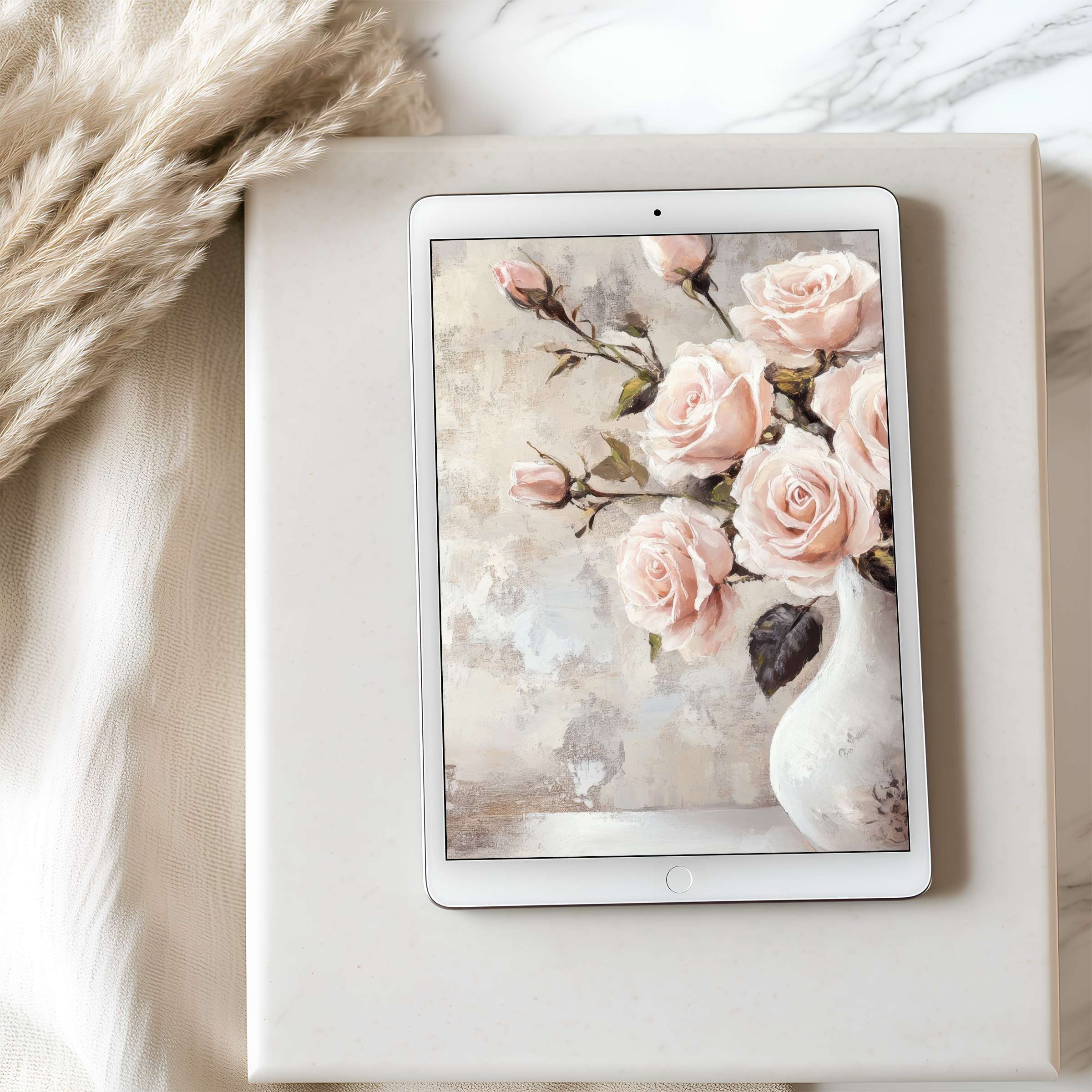 Elegant tablet wallpaper featuring delicate pink roses in a vase, perfect for iPad and Android tablets, offering a calming digital download