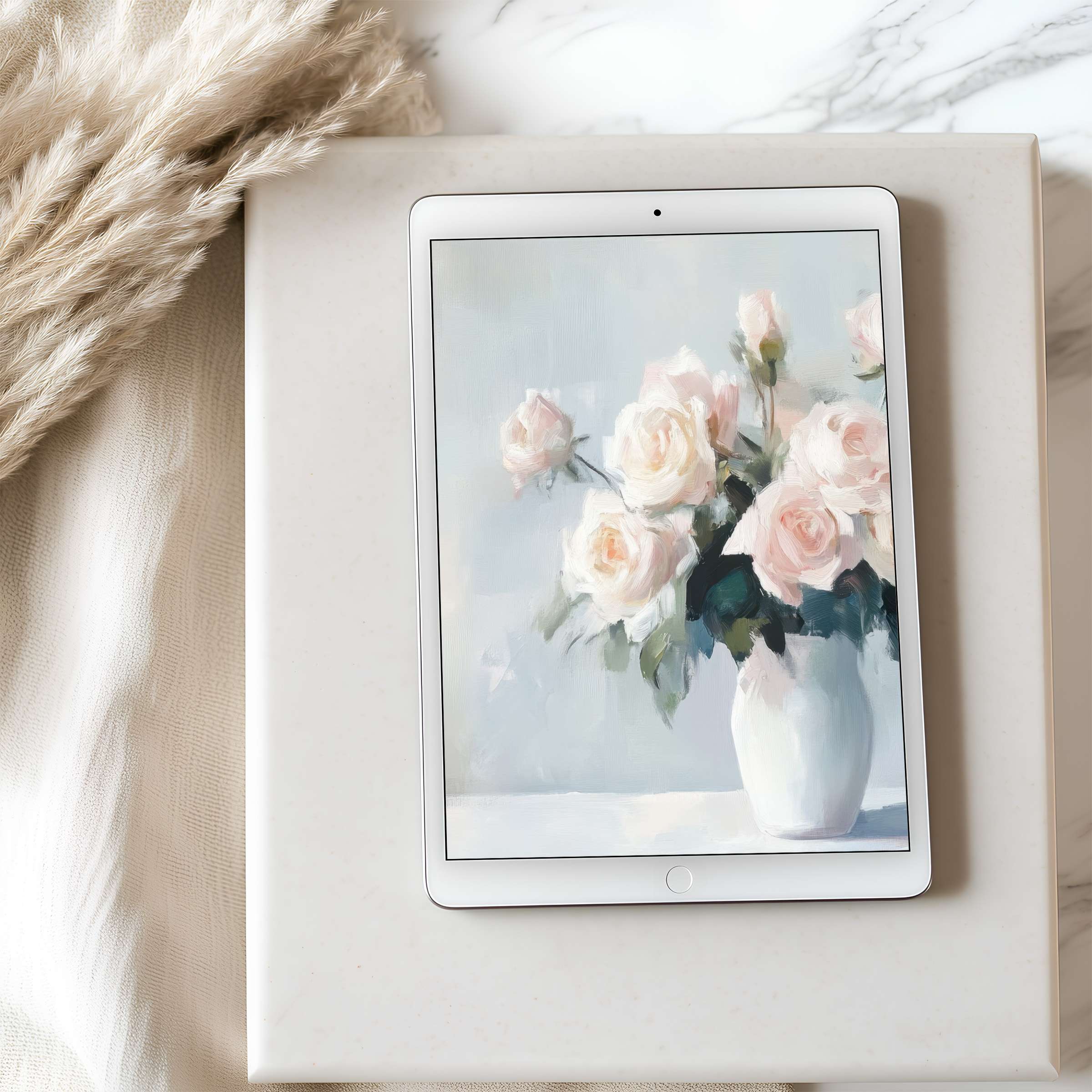 Delicate pastel roses in a vase create a serene tablet wallpaper for iPad and Android tablets, offering high resolution and tranquility