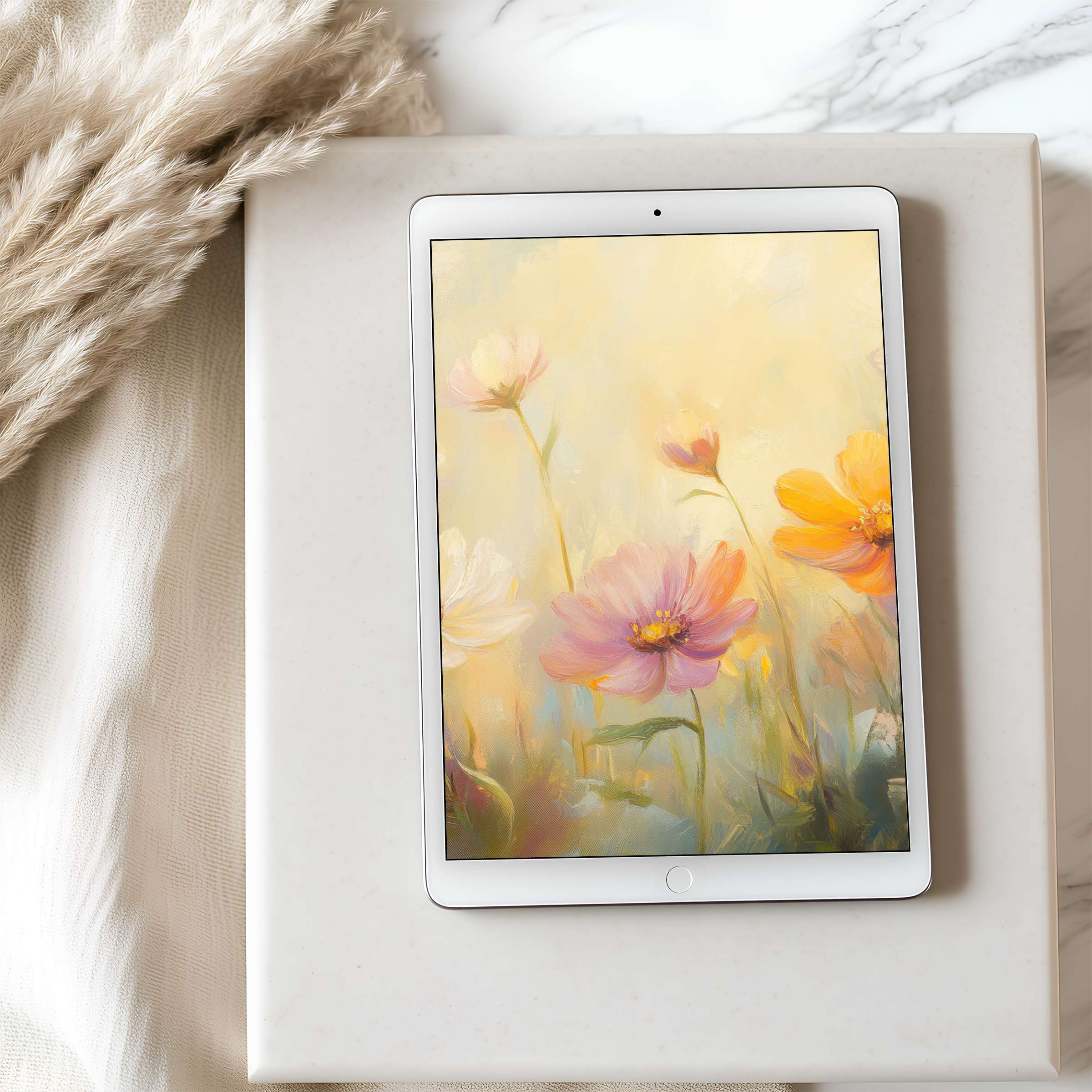 Vibrant floral tablet wallpaper in soft pastel hues offers a serene touch to any iPad or Android screen, available as a high resolution digital download