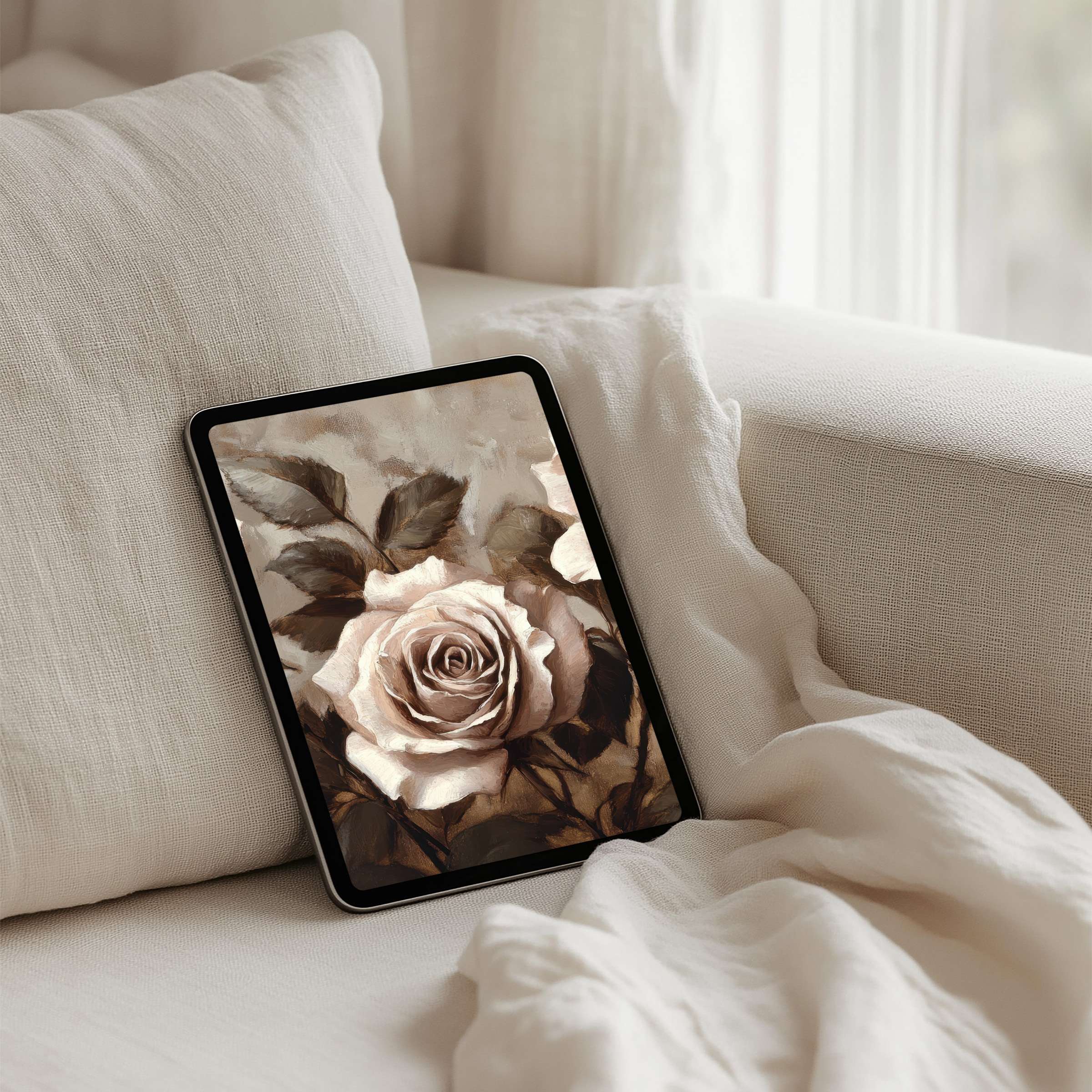 Elegant rose painting iPad background for instant download brings calming inspiration to any tablet setting in soft neutral tones
