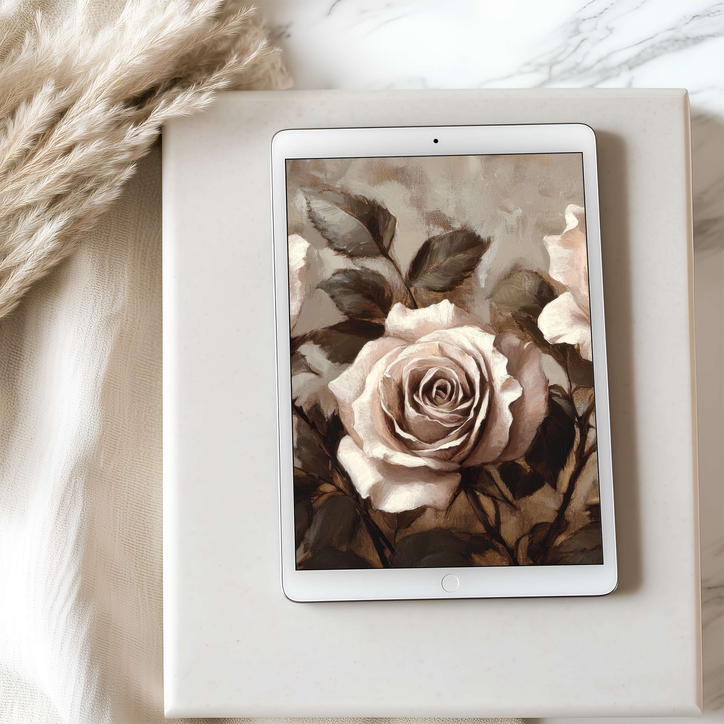 Elegant rose motif tablet wallpaper in sepia tones, enhancing tranquility for iPad or Android tablets, digital high-resolution download