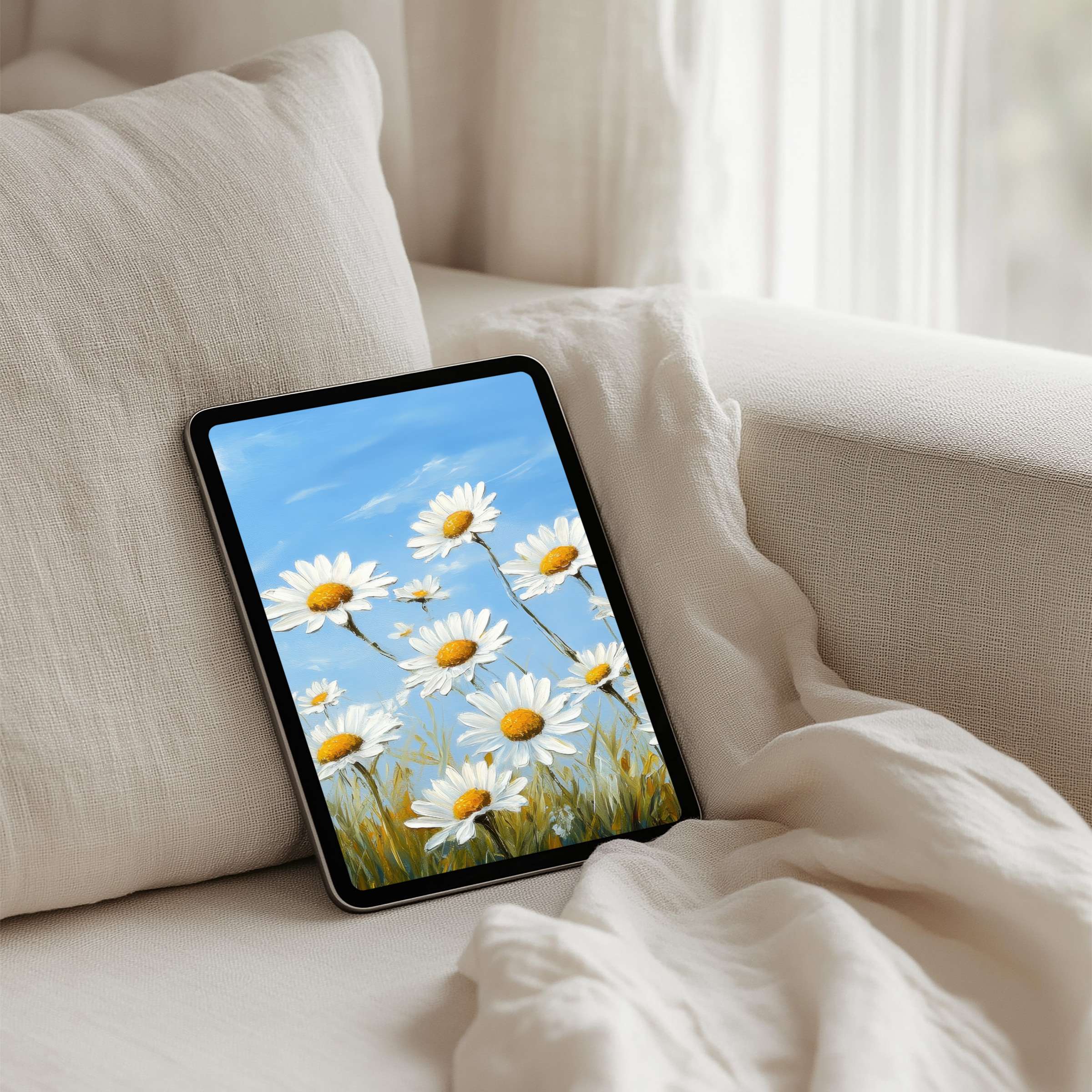 Elegant daisies painted on a serene blue sky iPad background create calm inspiration for any tablet with instant download options