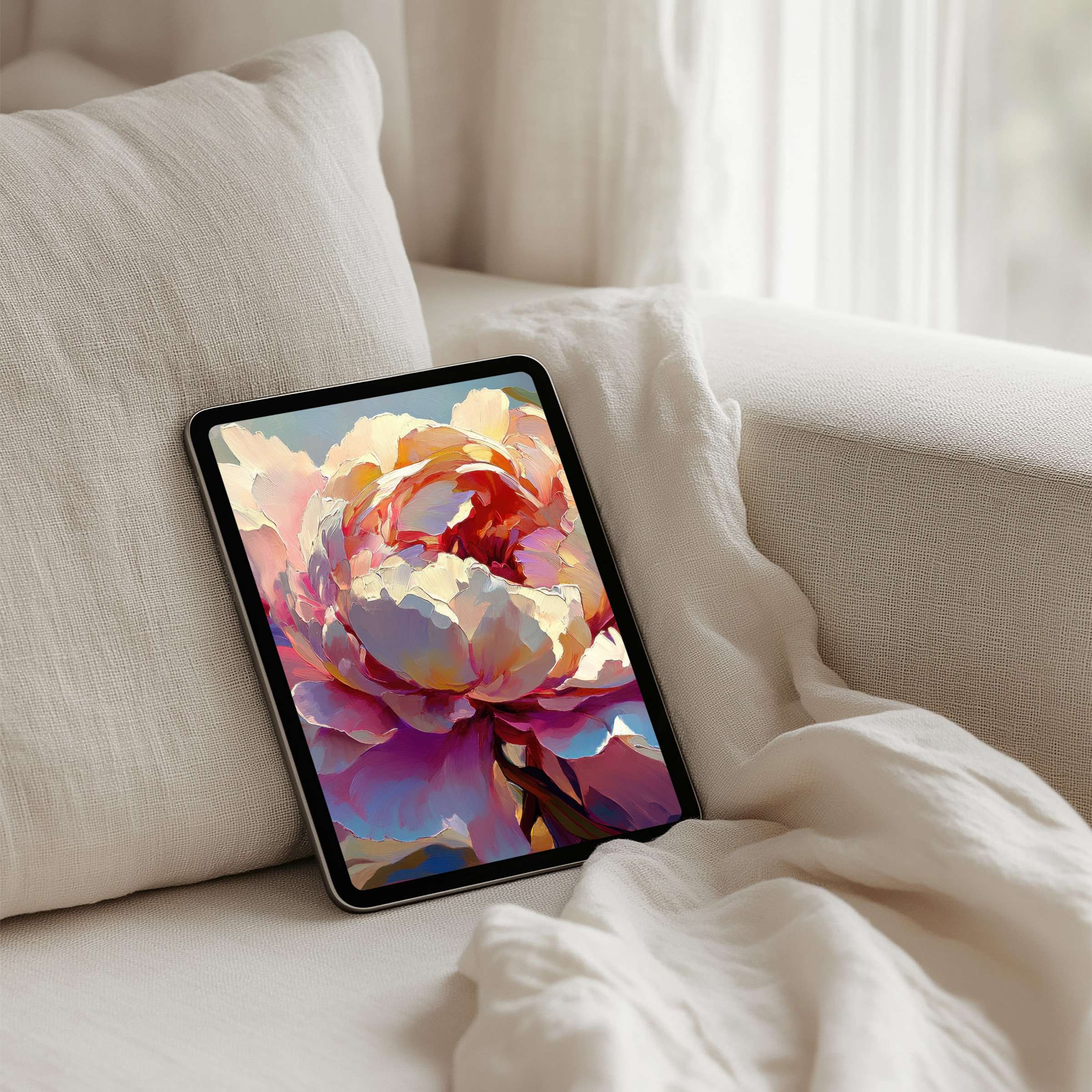 Elegant floral iPad background in soft hues offers instant download for serene tablet displays, inspiring calm elegance