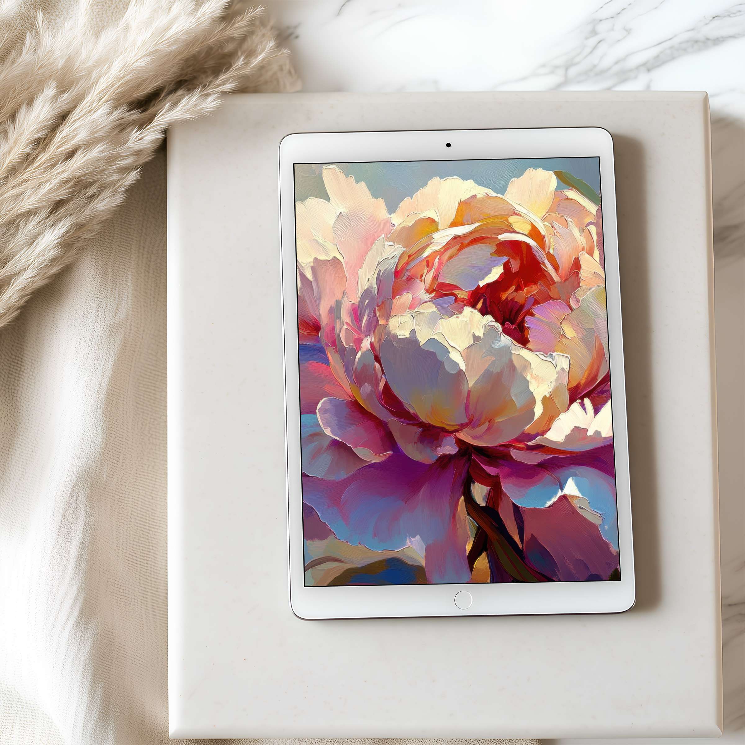 Elegant tablet wallpaper featuring a vibrant floral digital painting, perfect for iPad and Android tablets, offering high-resolution tranquility