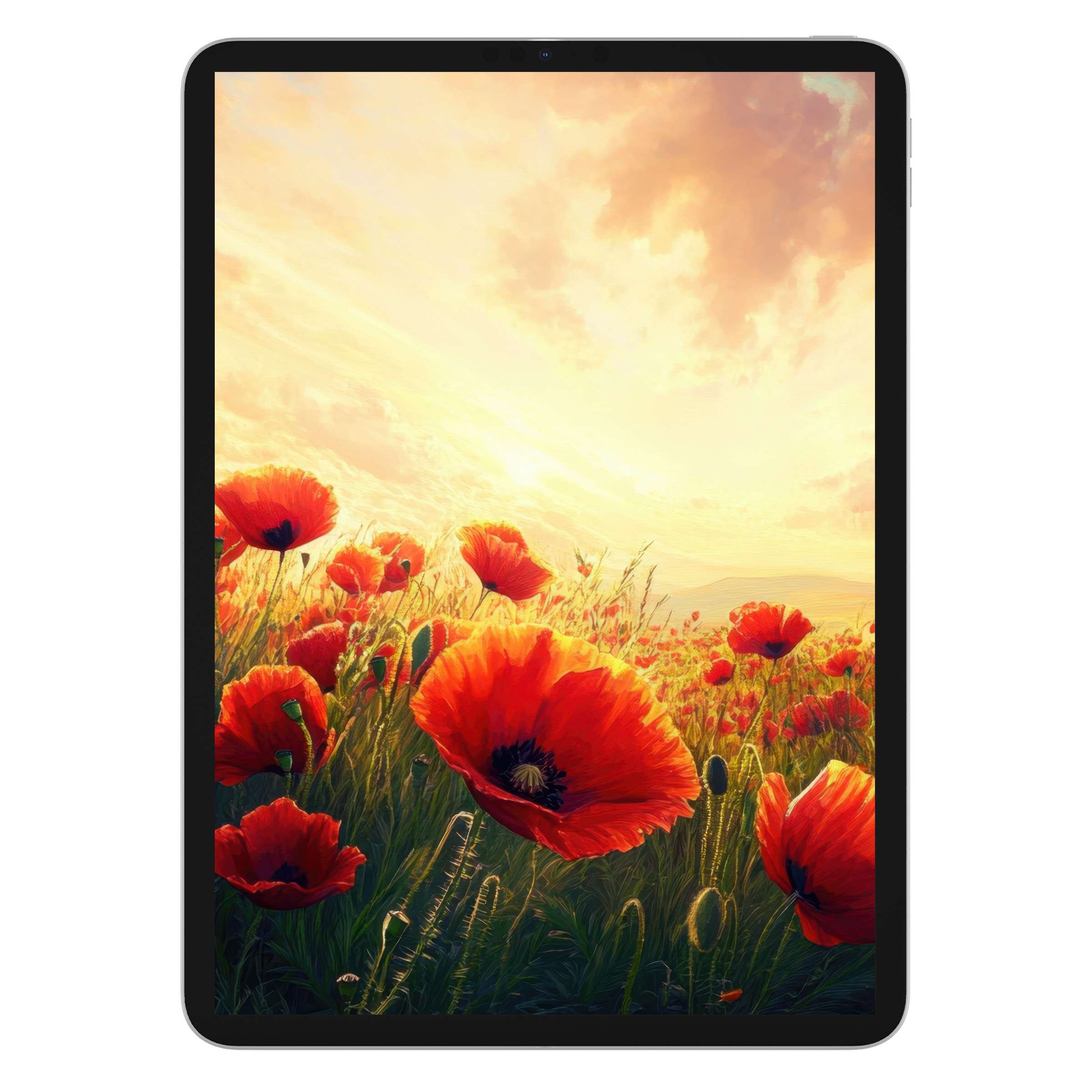 Vibrant red poppies in a golden field create a mesmerizing floral iPad wallpaper for serene tablet background digital download