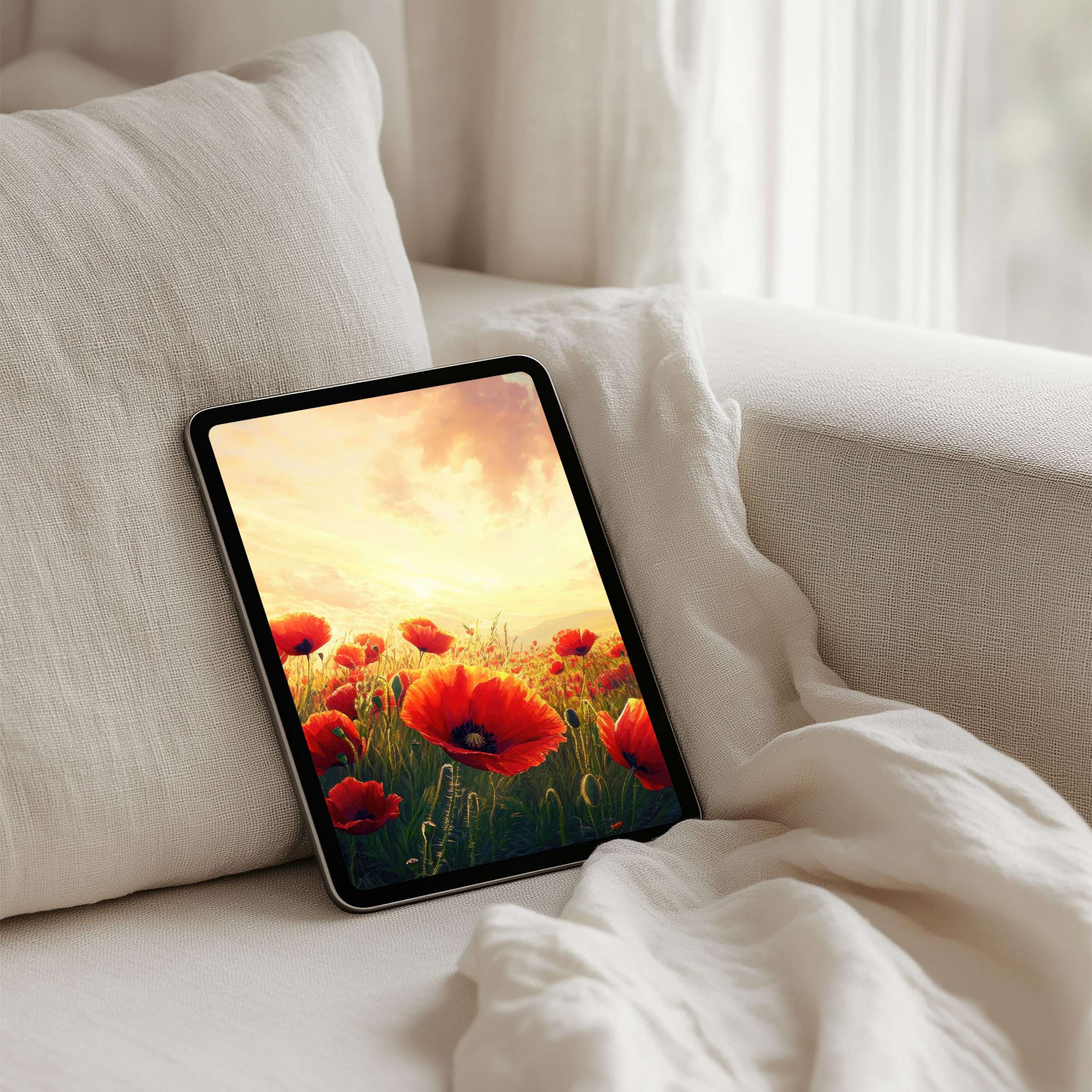 Sunlit poppy field digital art for iPad background offers instant download for tablet users seeking elegance and mindful inspiration