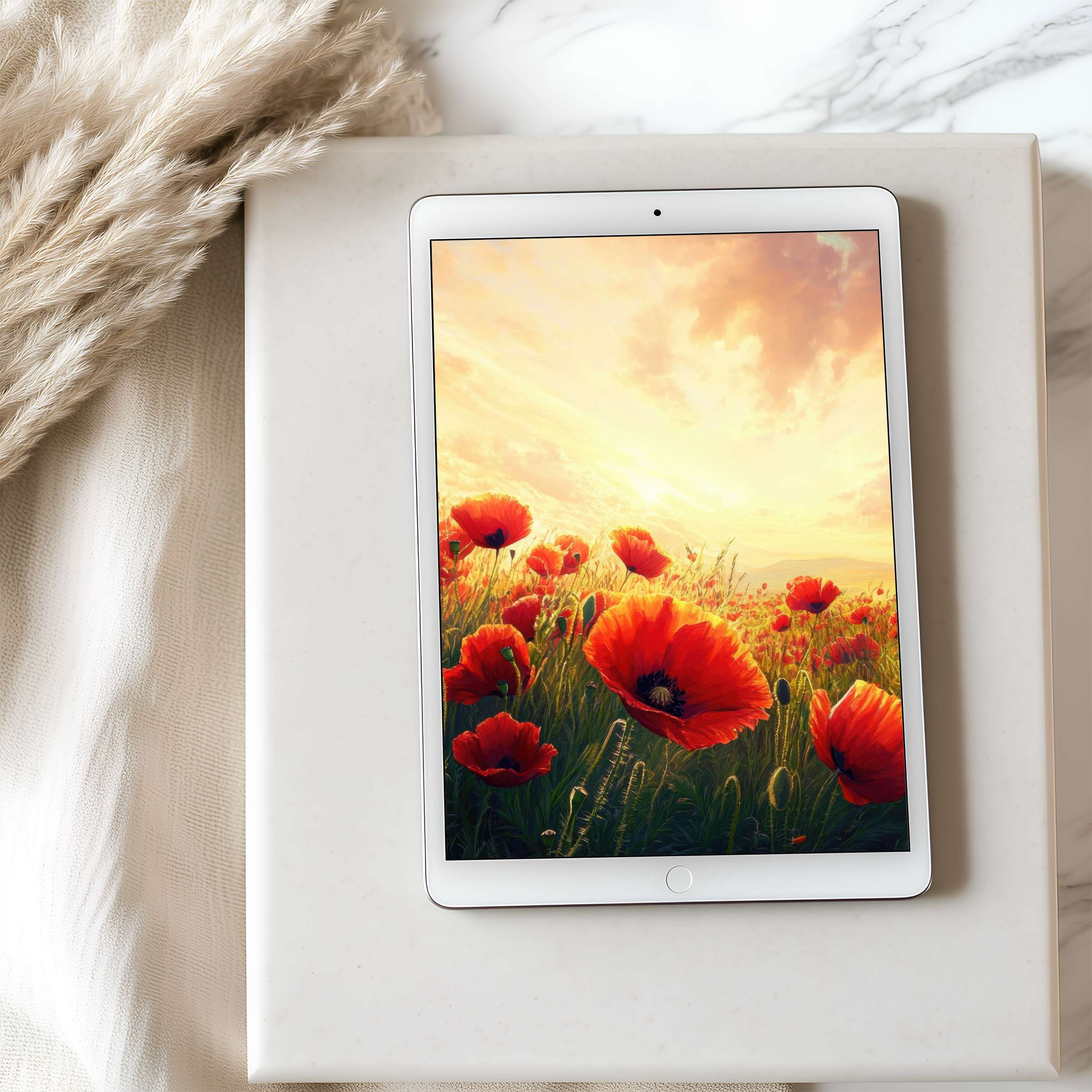 Elegant tablet wallpaper featuring vibrant poppy flowers under a golden sky, perfect for iPad and Android tablet digital download