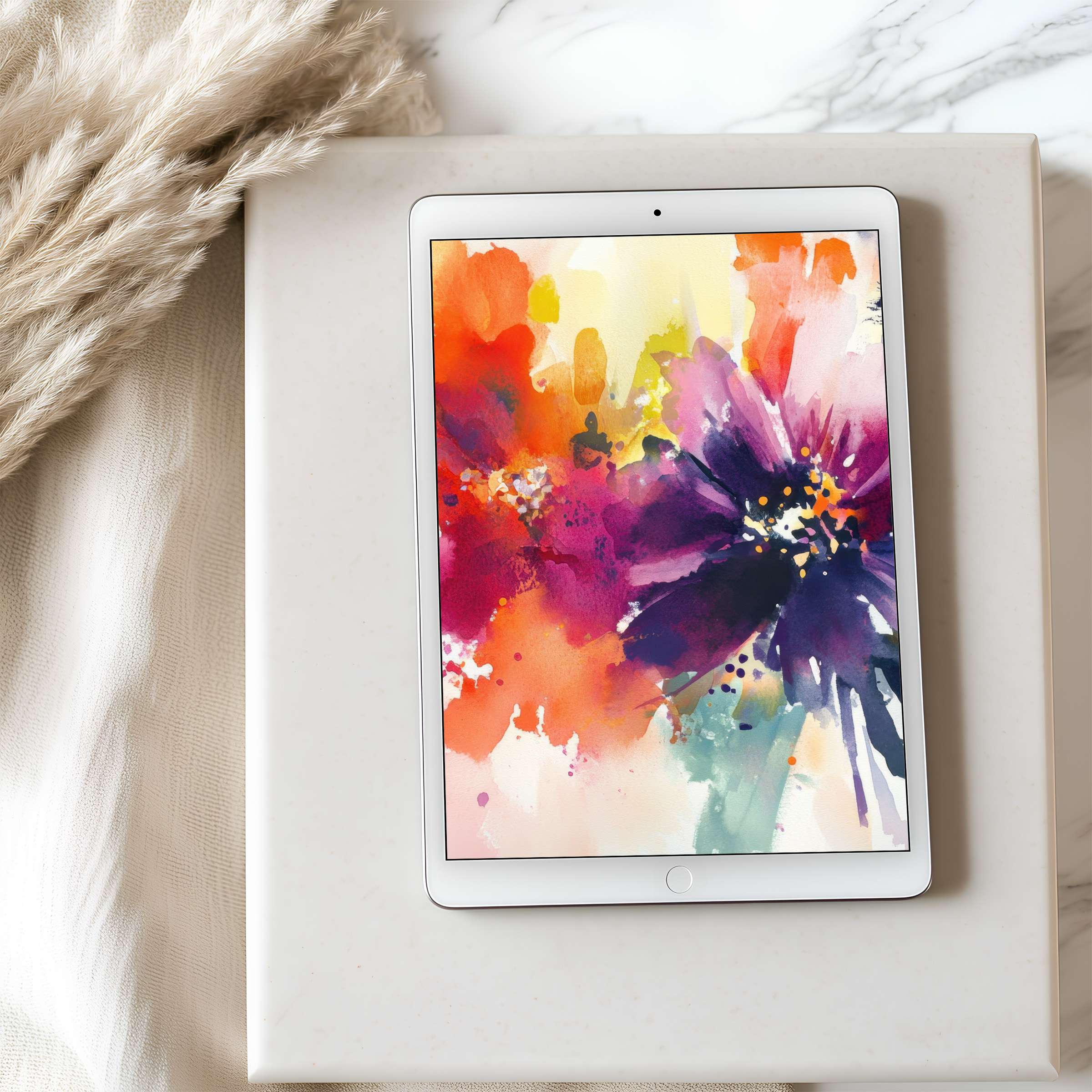 Vibrant watercolor floral tablet wallpaper, perfect for iPad and Android tablets, adds artistic flair and tranquility to your digital space