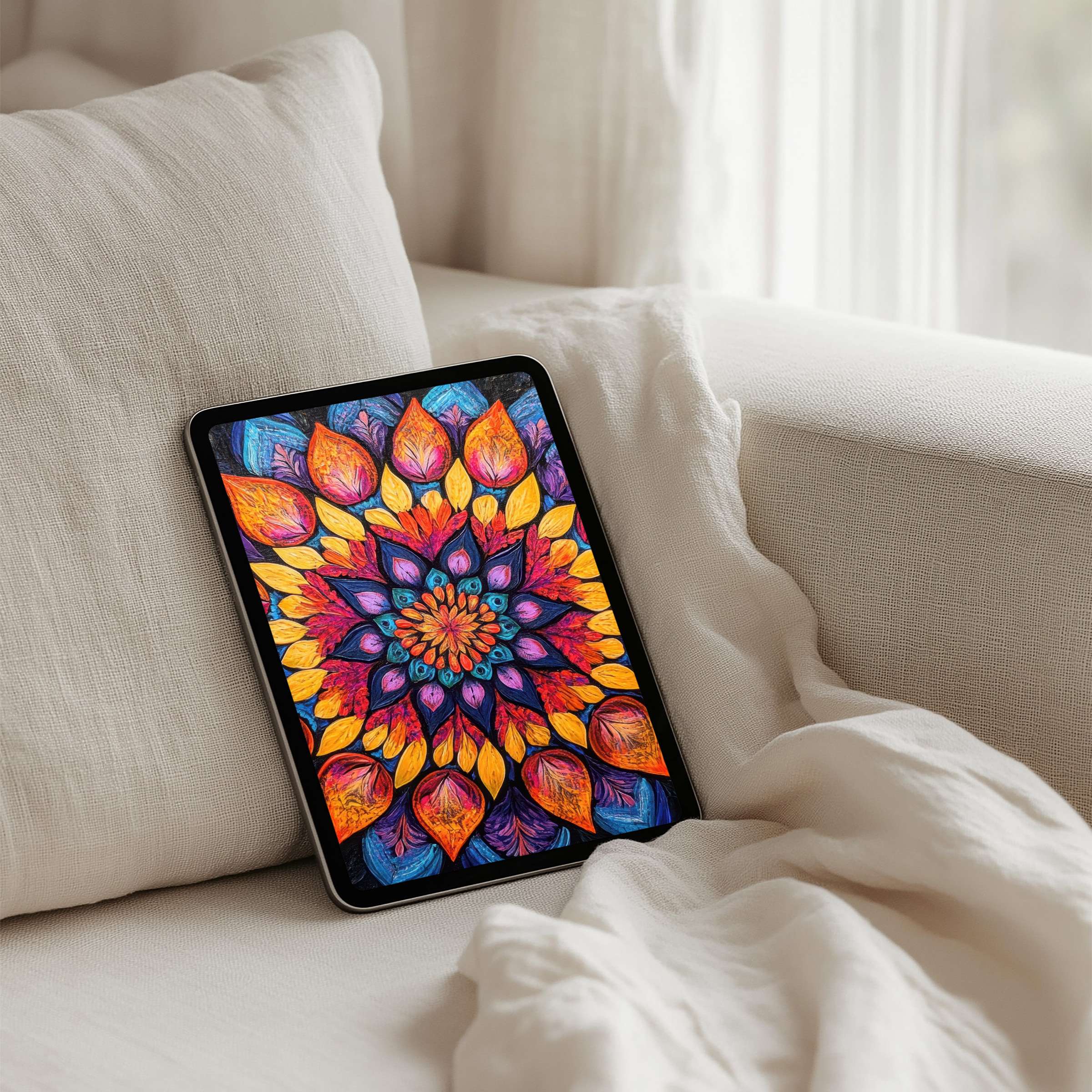 Vibrant mandala art iPad background for instant download evokes calm elegance on any tablet like Samsung or Android device
