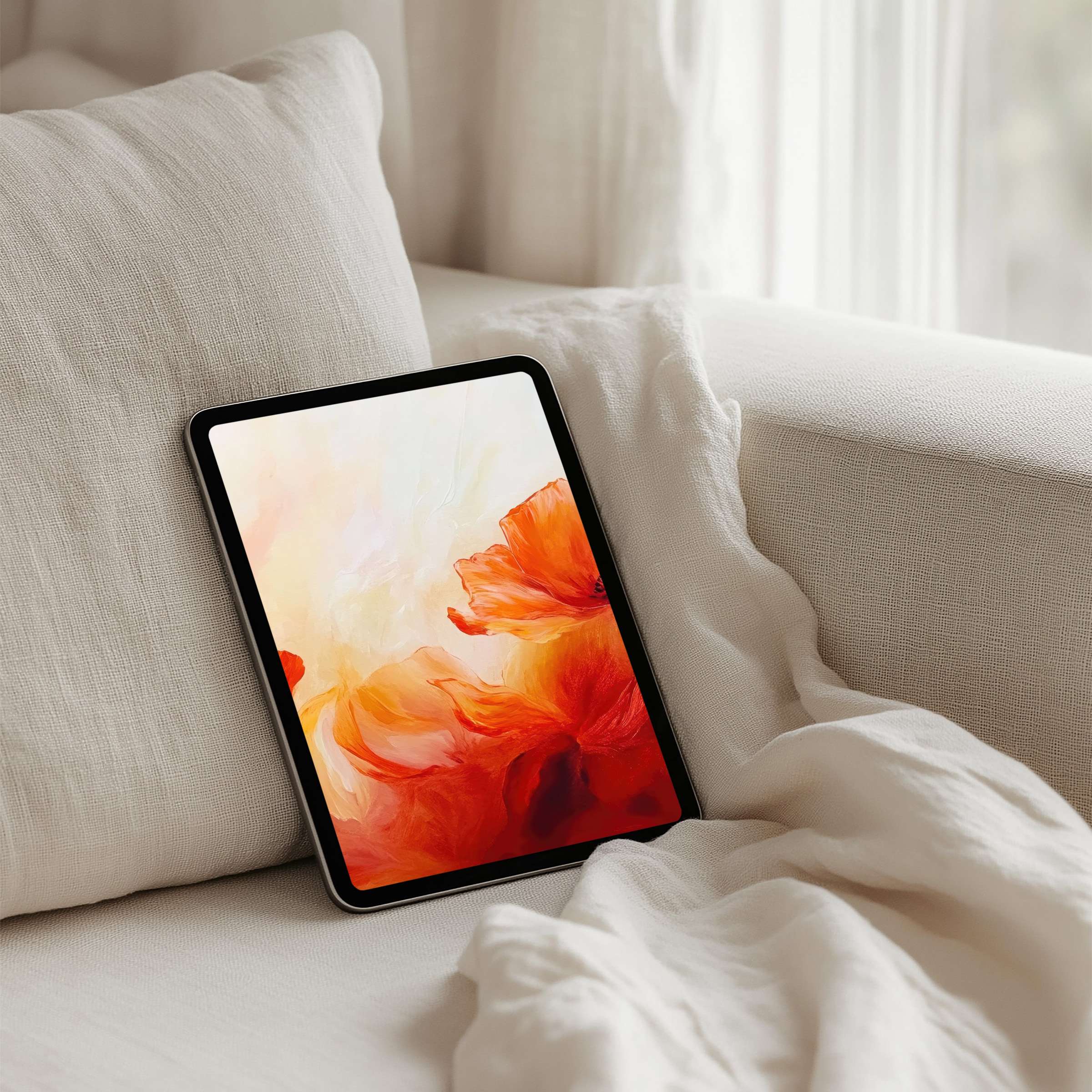 Elegant iPad background with fiery orange florals evokes calm and inspiration for your tablet instant download and enjoyment