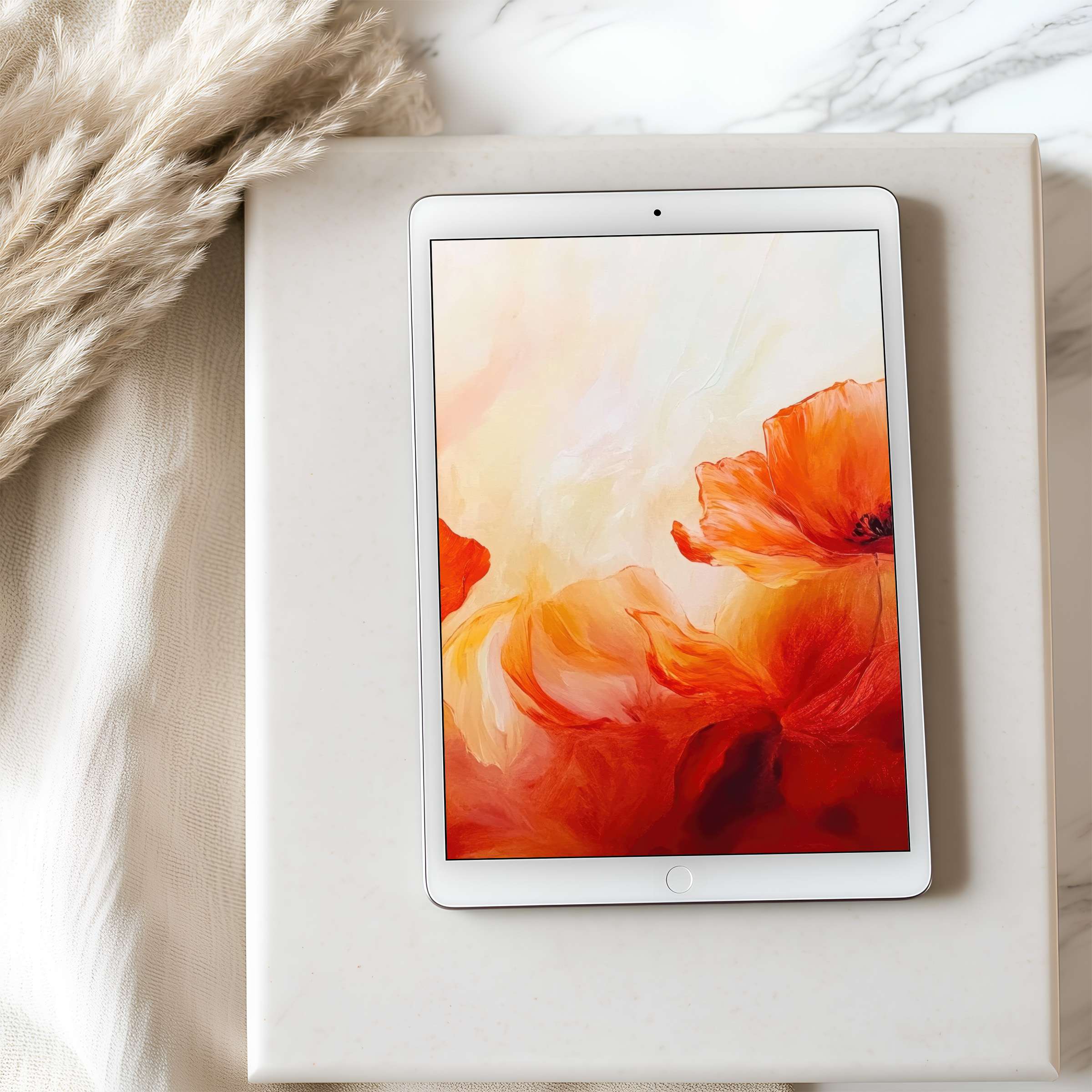 Vibrant floral tablet wallpaper in warm oranges and reds, perfect as a high resolution digital download for iPad or Android tablets