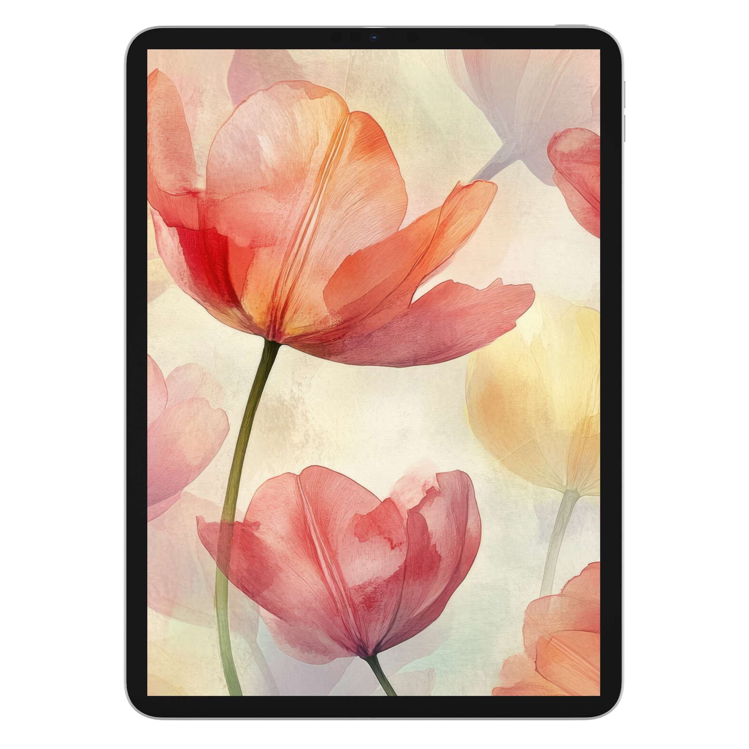 Elegant floral iPad wallpaper digital download featuring delicate watercolor tulips on a soft background, perfect for calming tablet ambiance