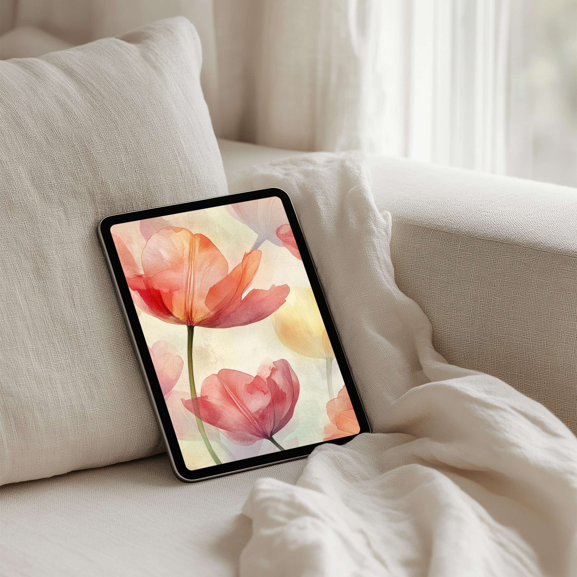 Elegant iPad background showing serene pastel flower artistry for instant download on any tablet inspiring calm mindfulness