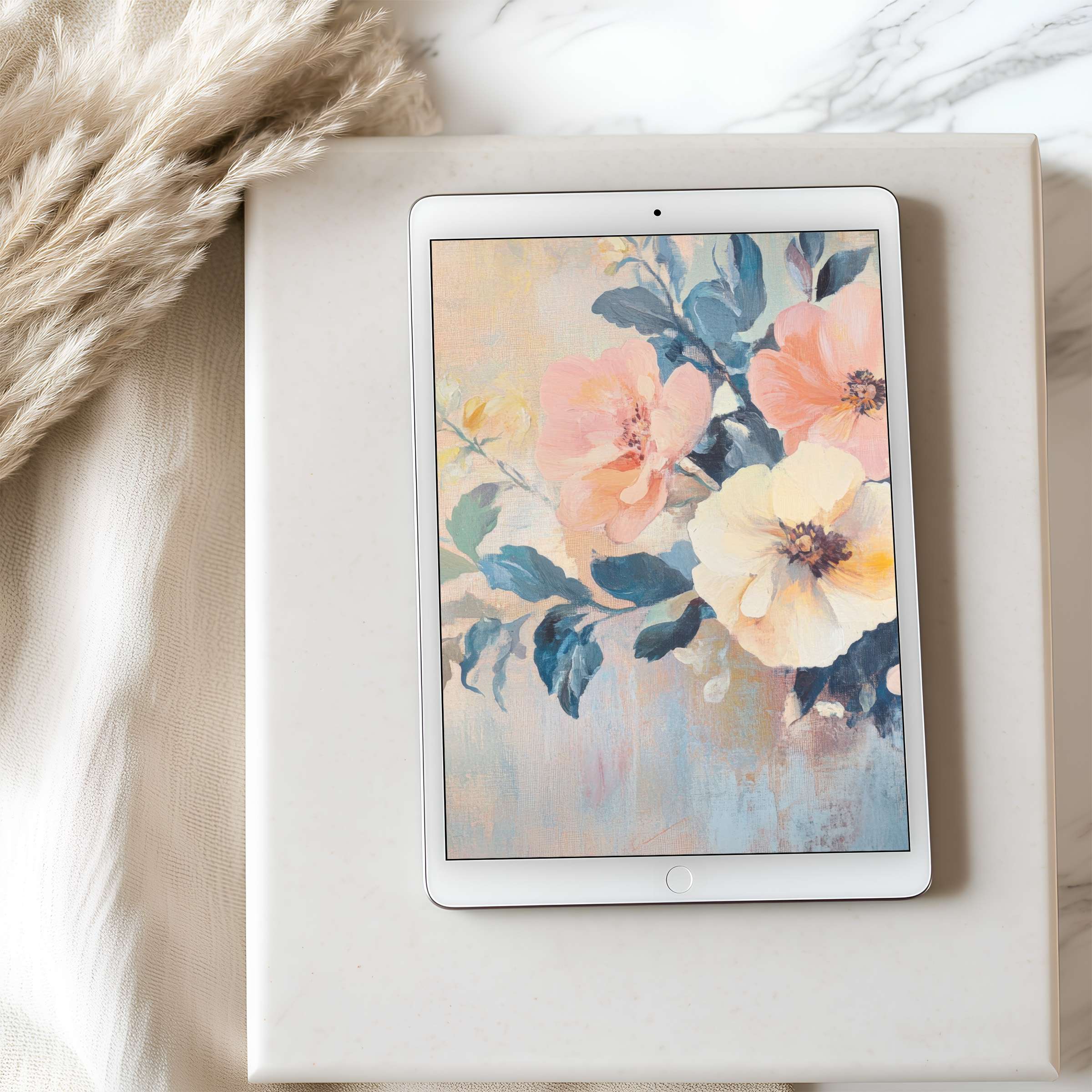 Elegant floral art in soft pastels enriches this high resolution tablet wallpaper ideal for iPad or Android digital download