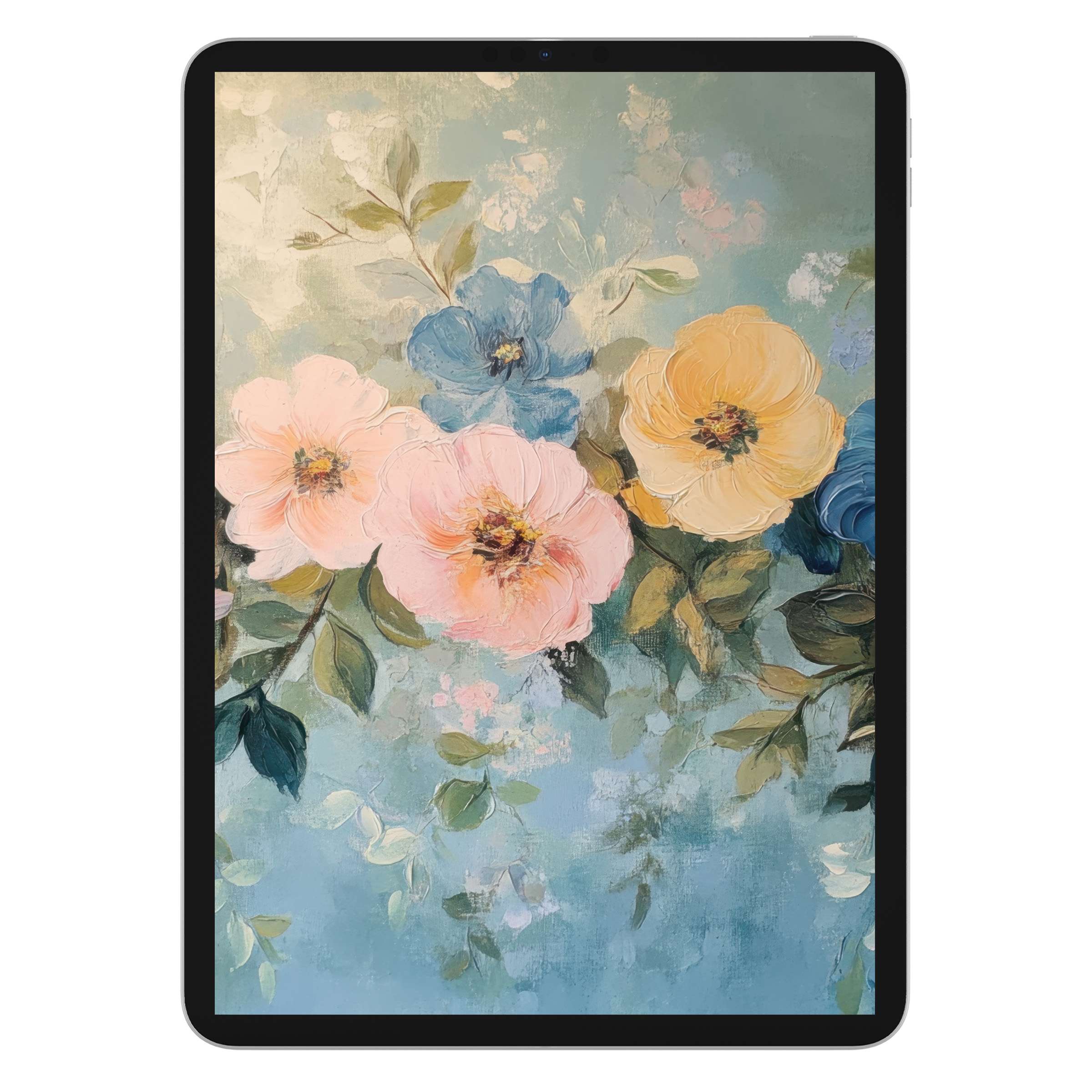 Floral iPad wallpaper with pastel flowers on an elegant textured canvas, ideal digital download for tablet background tranquility