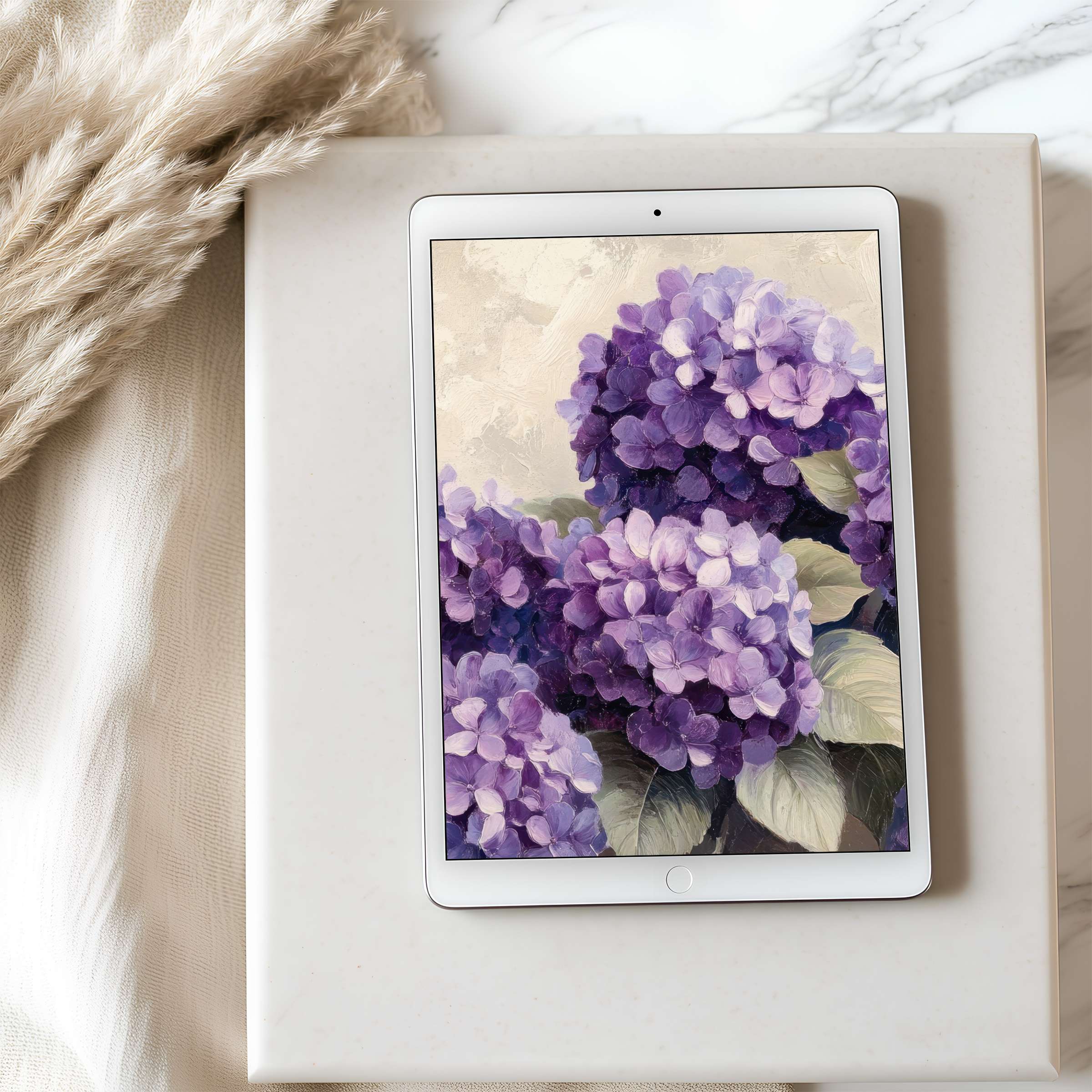 Elegant tablet wallpaper with purple hydrangea blossoms in soft hues, ideal for iPad in high resolution, offers instant tranquility