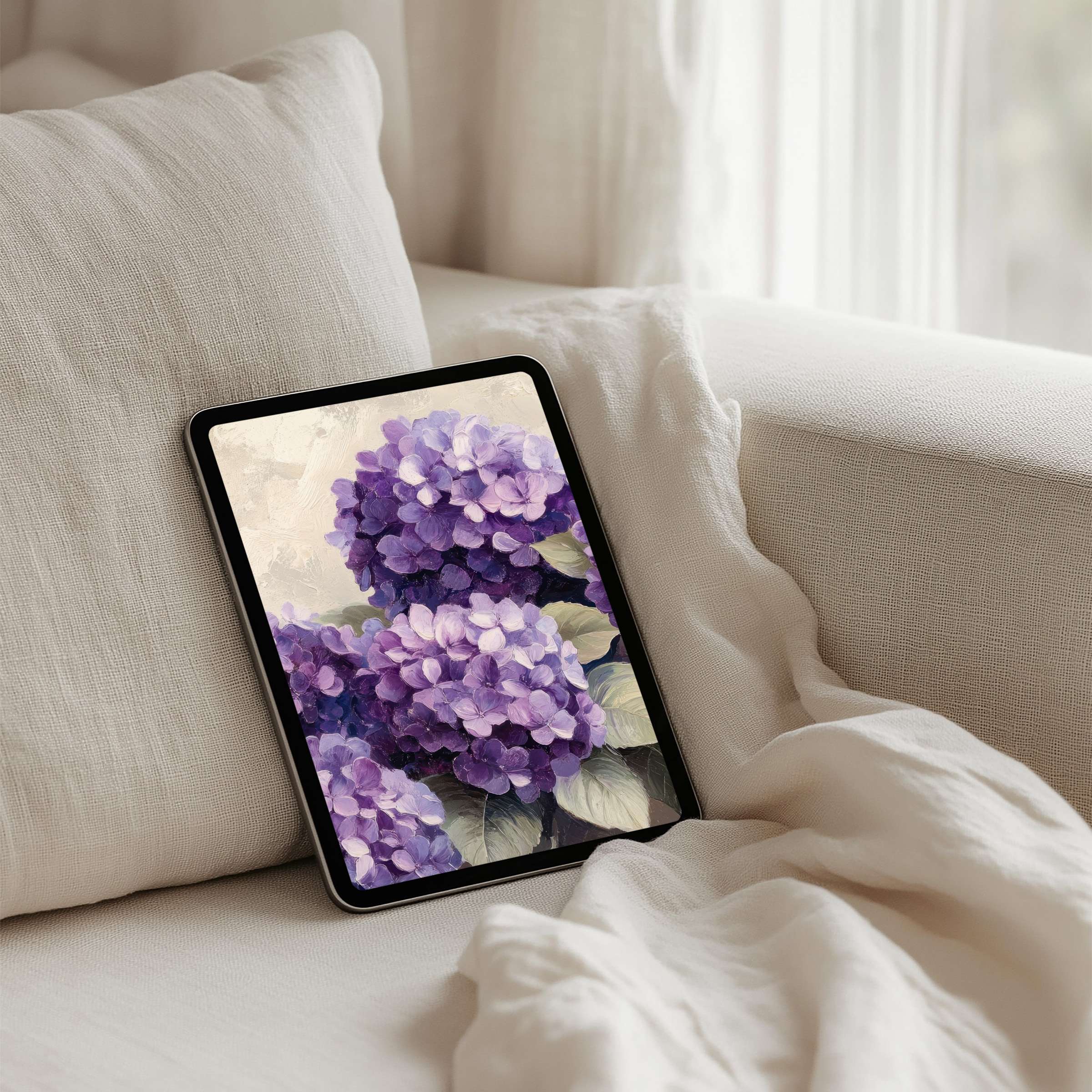 Elegant purple hydrangeas adorn this tranquil iPad background, perfect for instant download on any tablet, inspiring calm and beauty