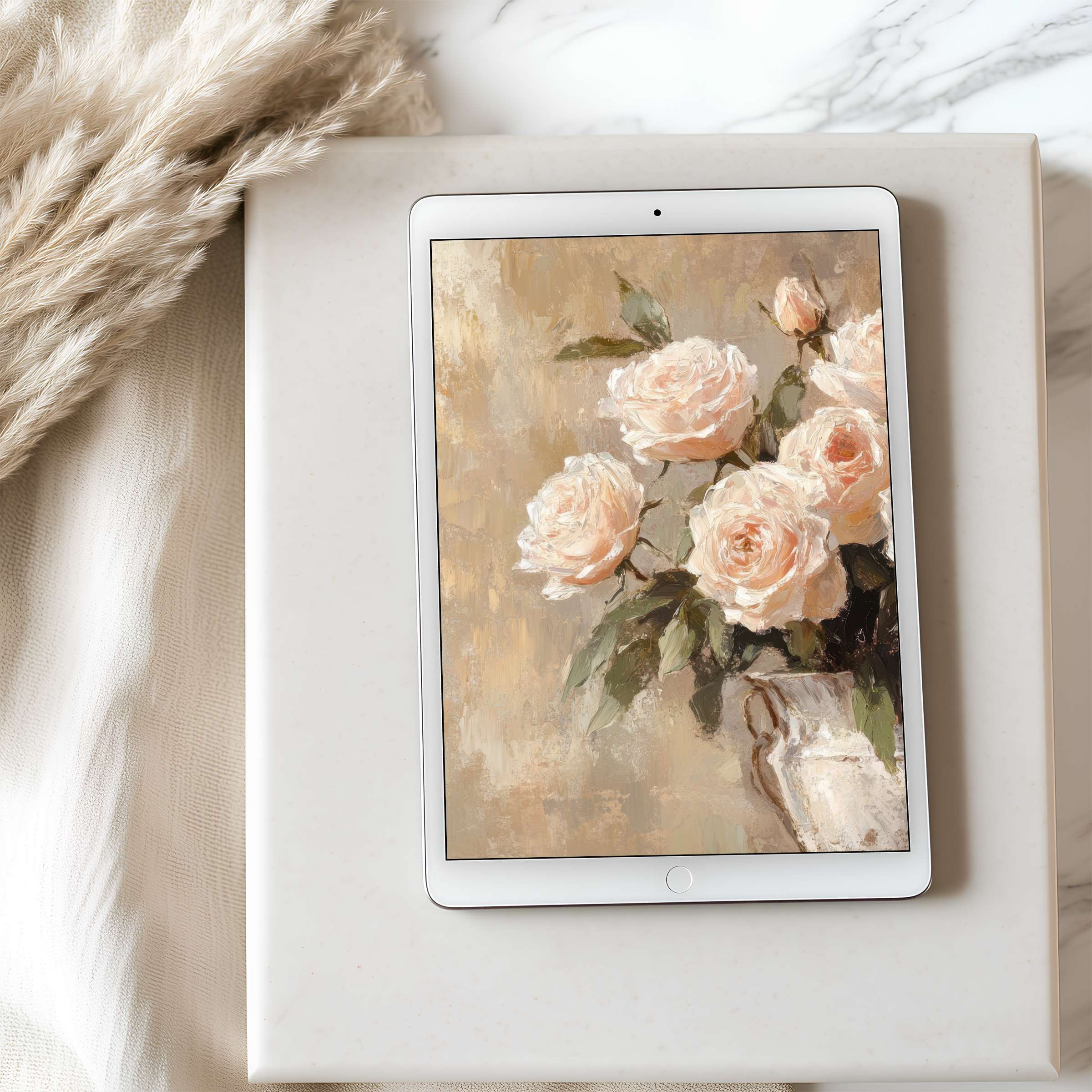 Elegant floral digital art tablet wallpaper with soft pink roses in a vase, perfect for high resolution iPad and Android display