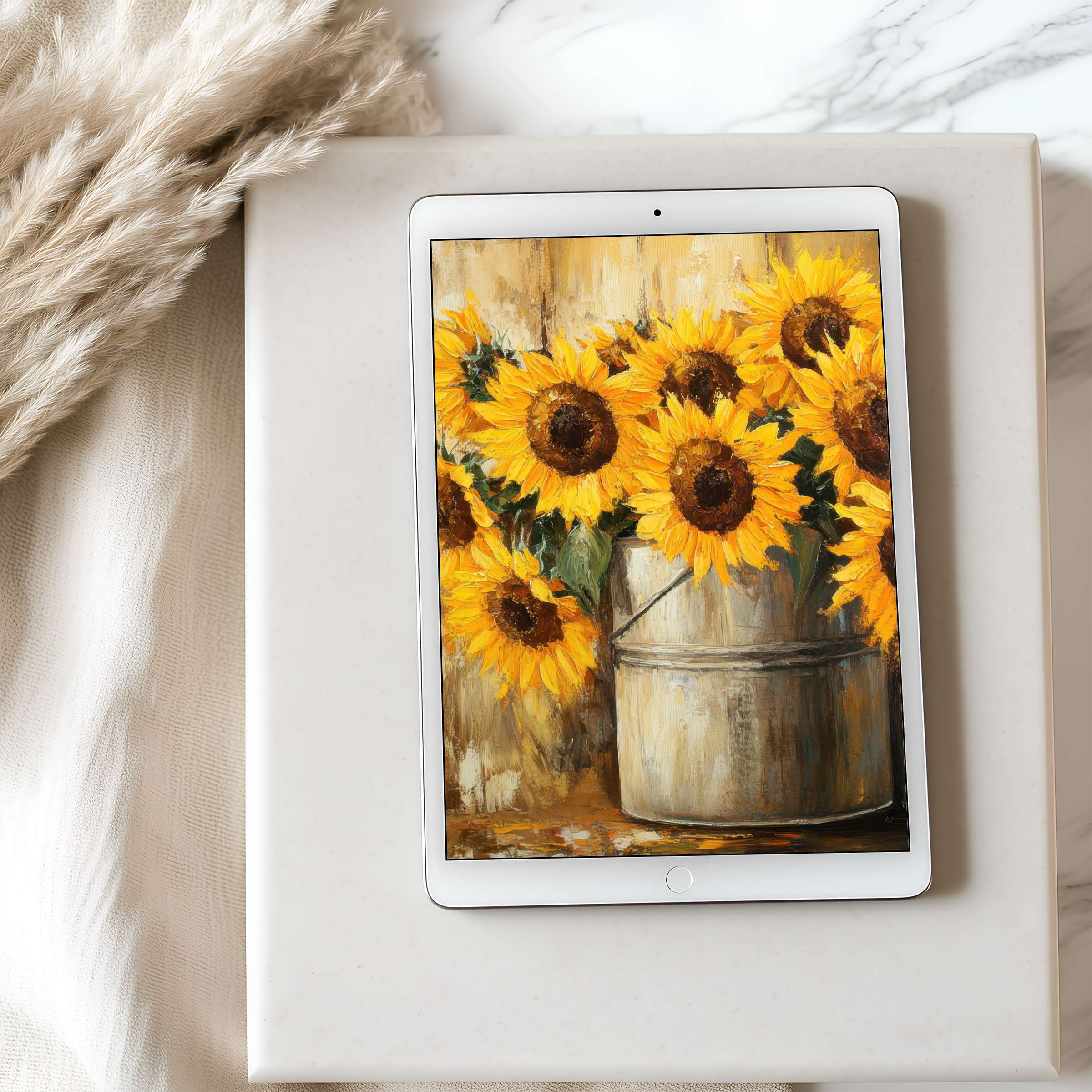Elegant sunflower tablet wallpaper in high resolution, perfect for digital download, enhancing any iPad or Android for serene aesthetics
