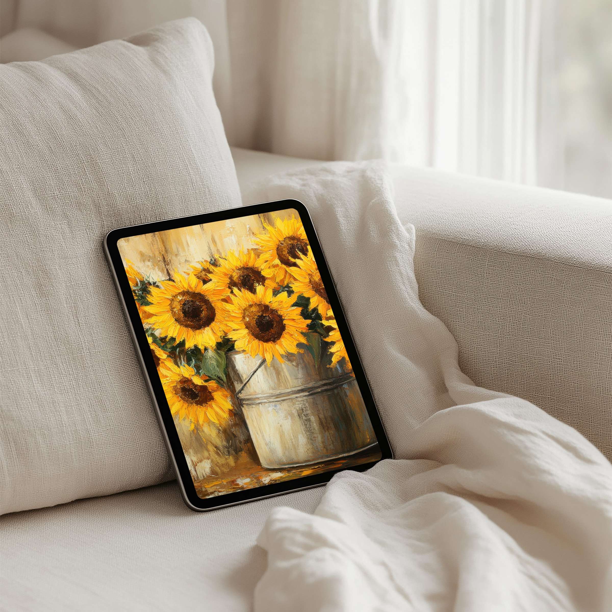 Elegant sunflower painting on iPad background evokes calm and inspiration for your tablet ambience instant download available
