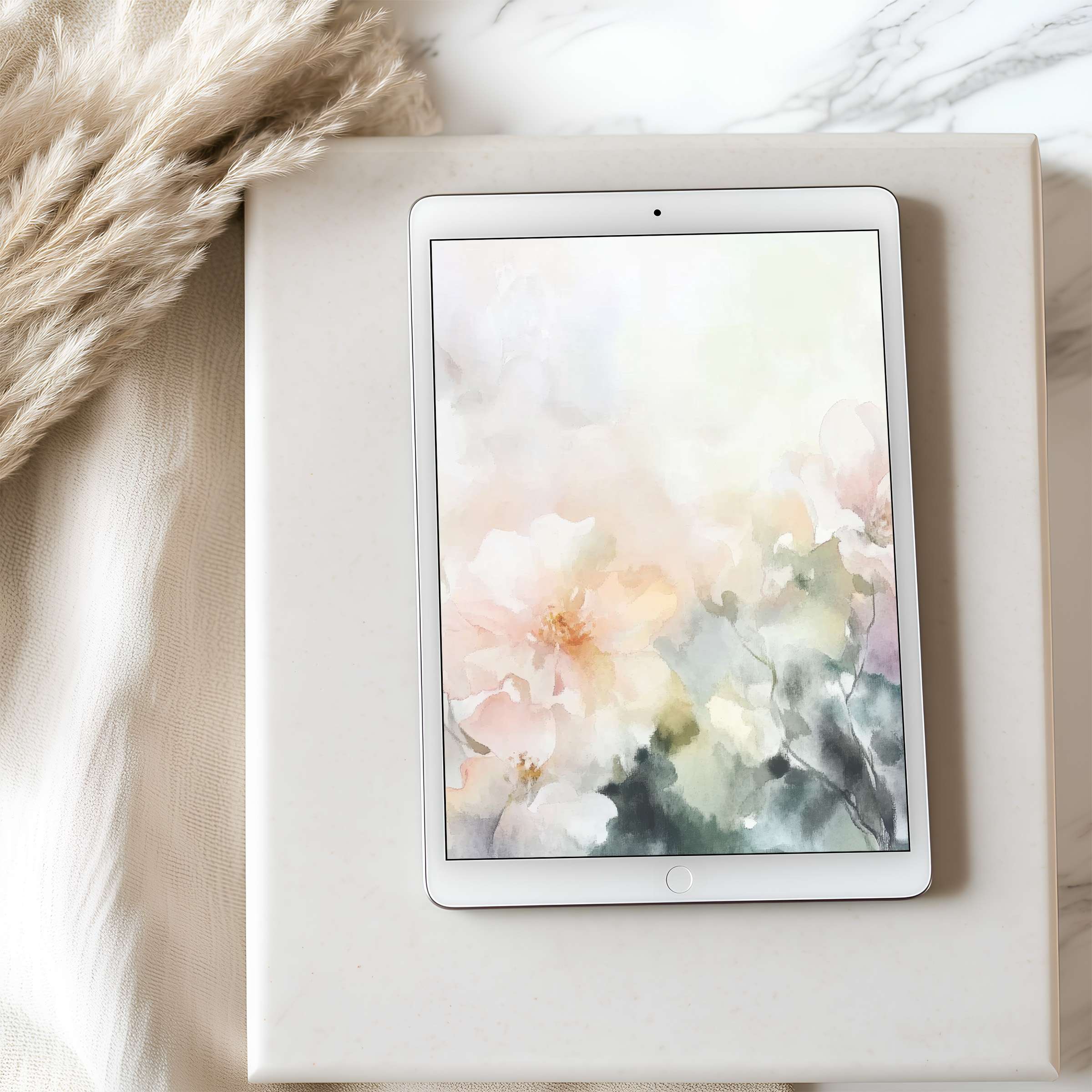 Delicate watercolor floral tablet wallpaper in calming pastels, perfect high-resolution digital download for iPad and Android tablets