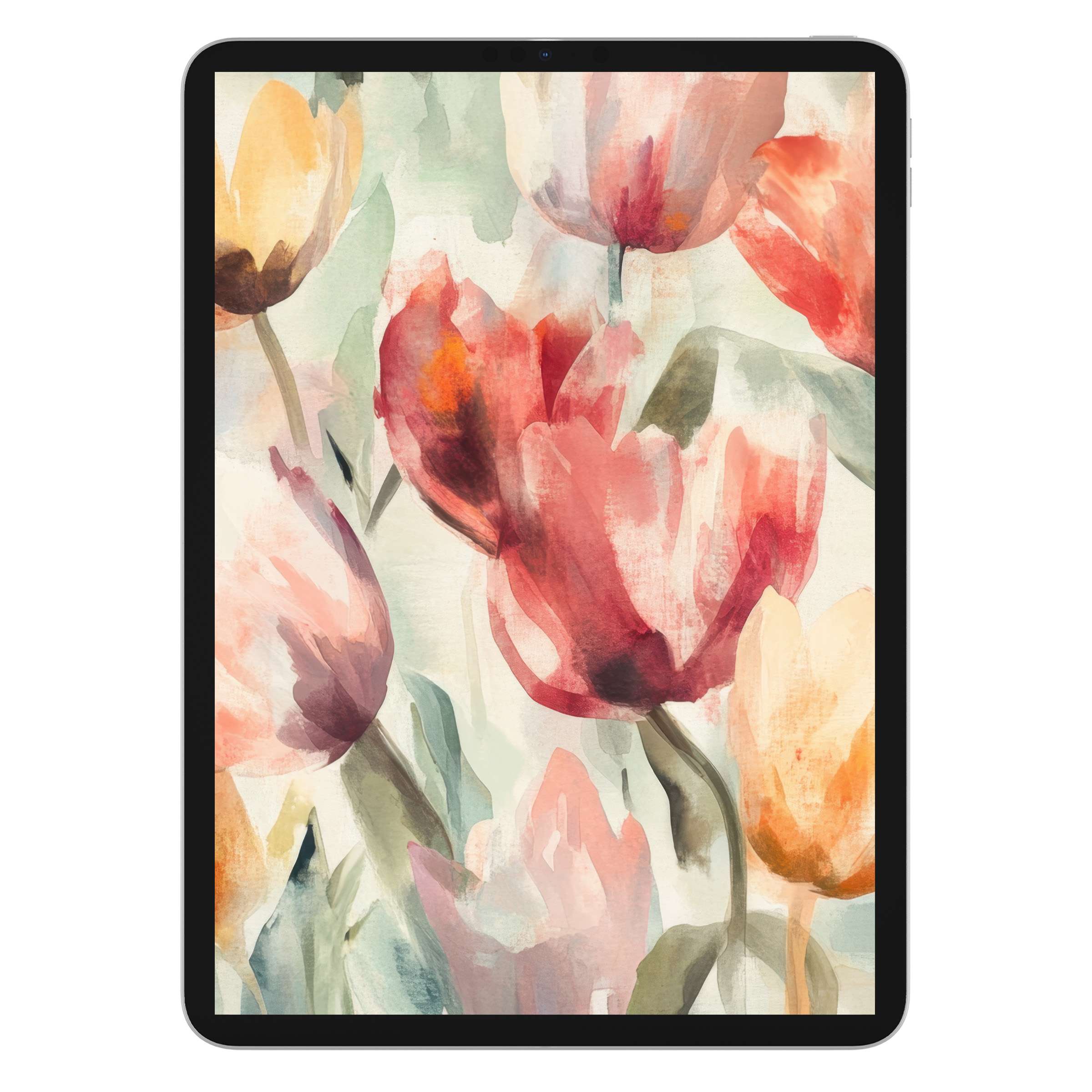 Floral iPad wallpaper digital download with serene watercolor tulips creating an elegant tablet background for uplifting ambiance