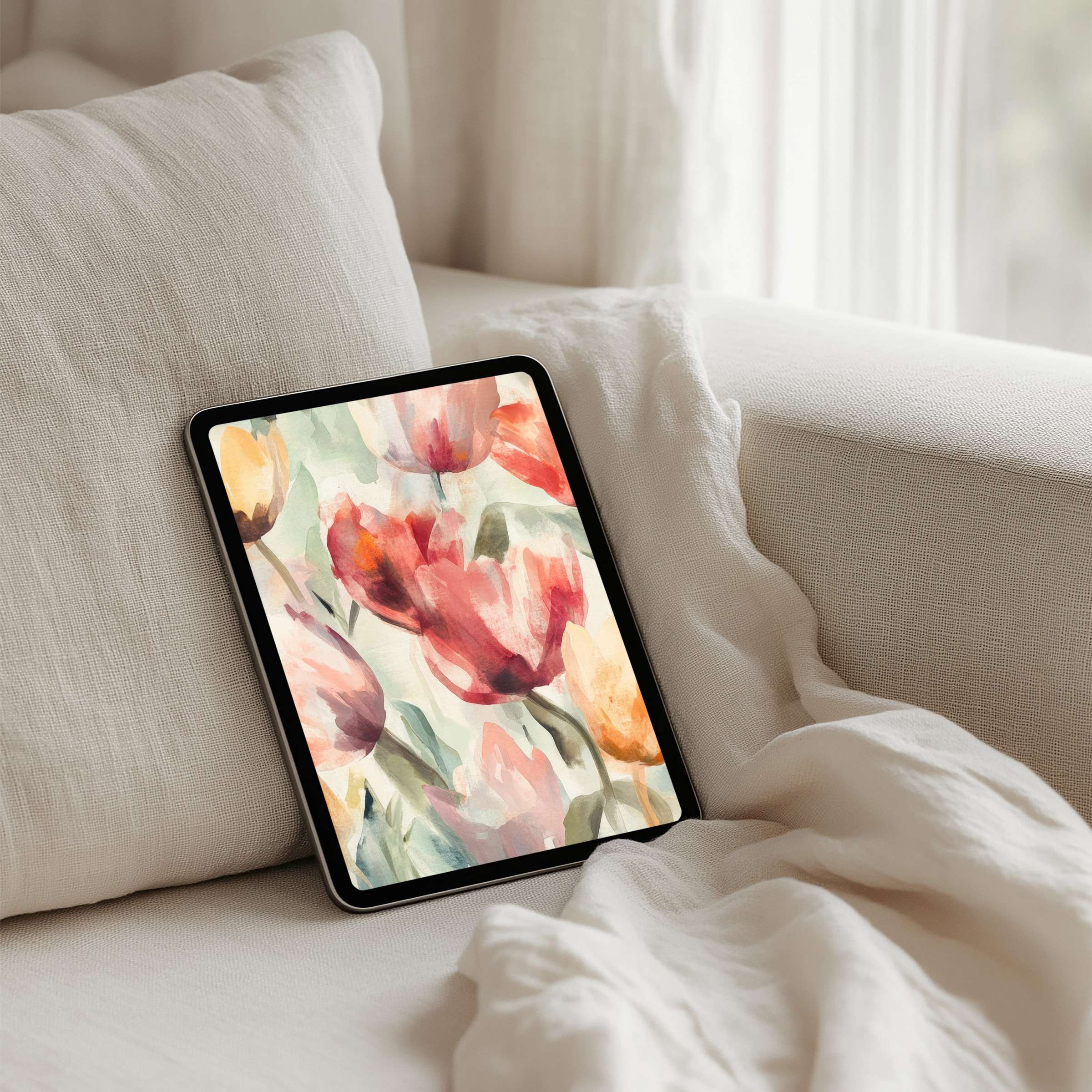Delicate watercolor flowers create a calm iPad background, perfect for instant download on any tablet, enhancing elegance and mindfulness
