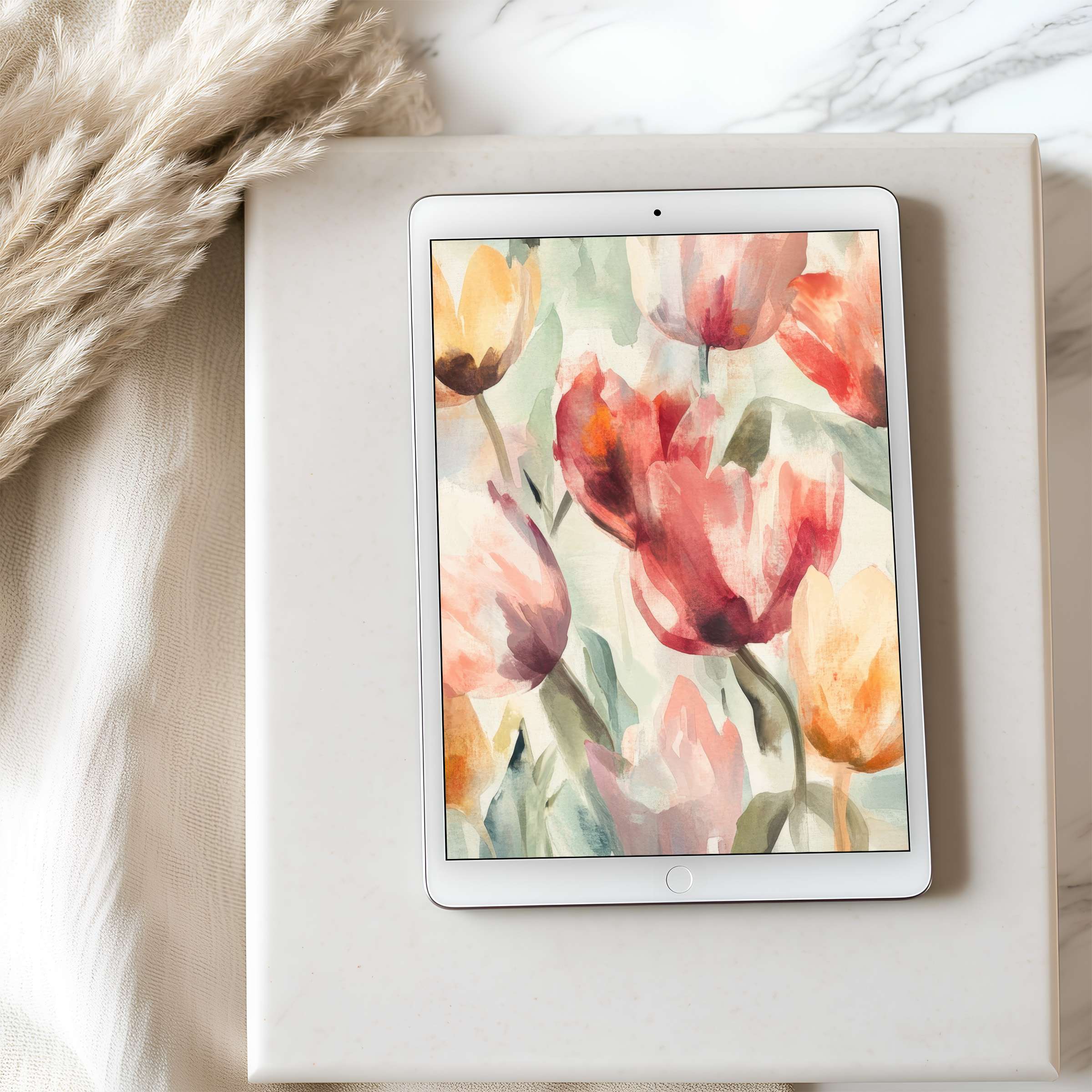 Elegant tablet wallpaper featuring vibrant watercolor tulips amidst a serene neutral interior, perfect for iPad or Android tablet download