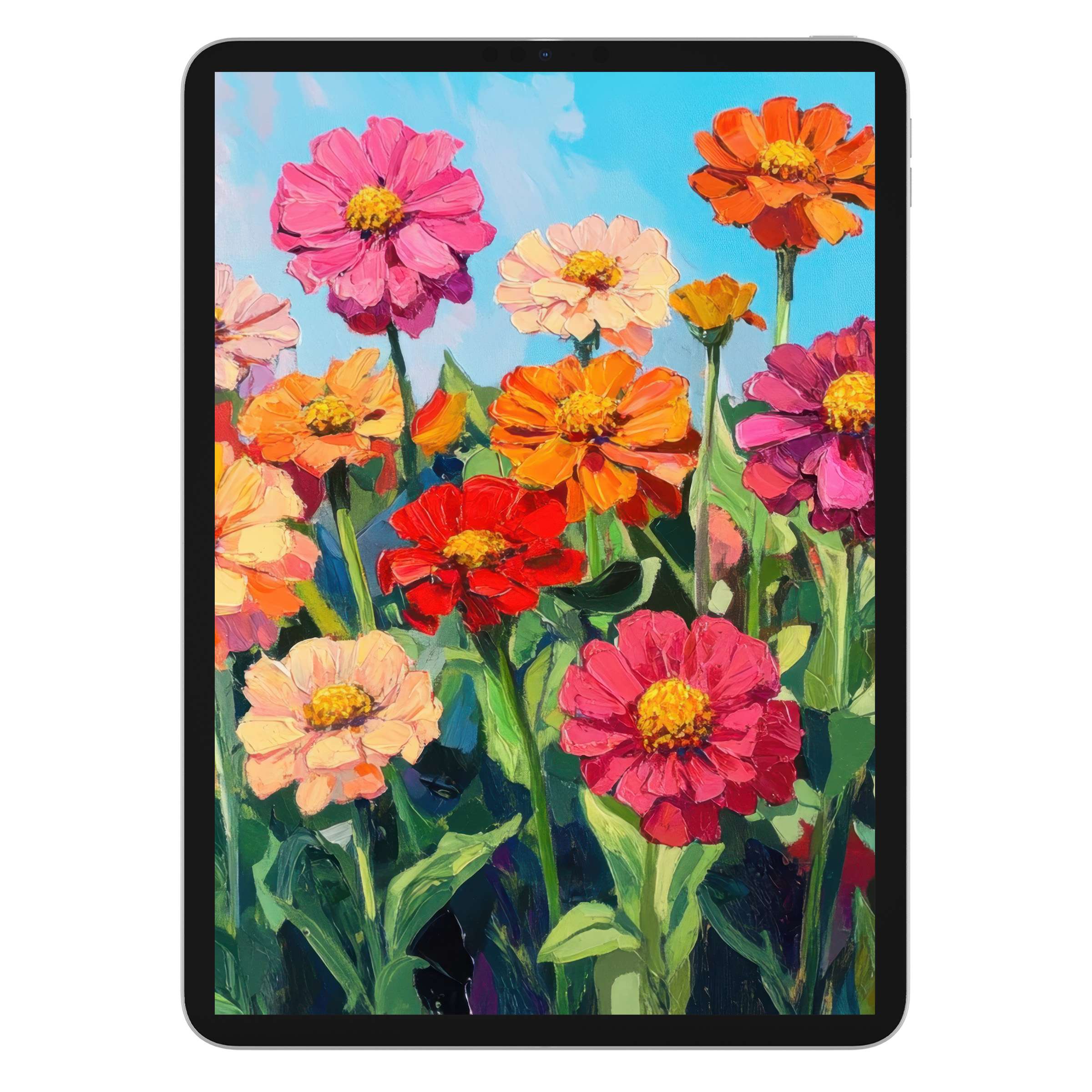Vibrant floral iPad wallpaper featuring a vivid bouquet in bold brushstrokes offers a calming digital download for tablet background use