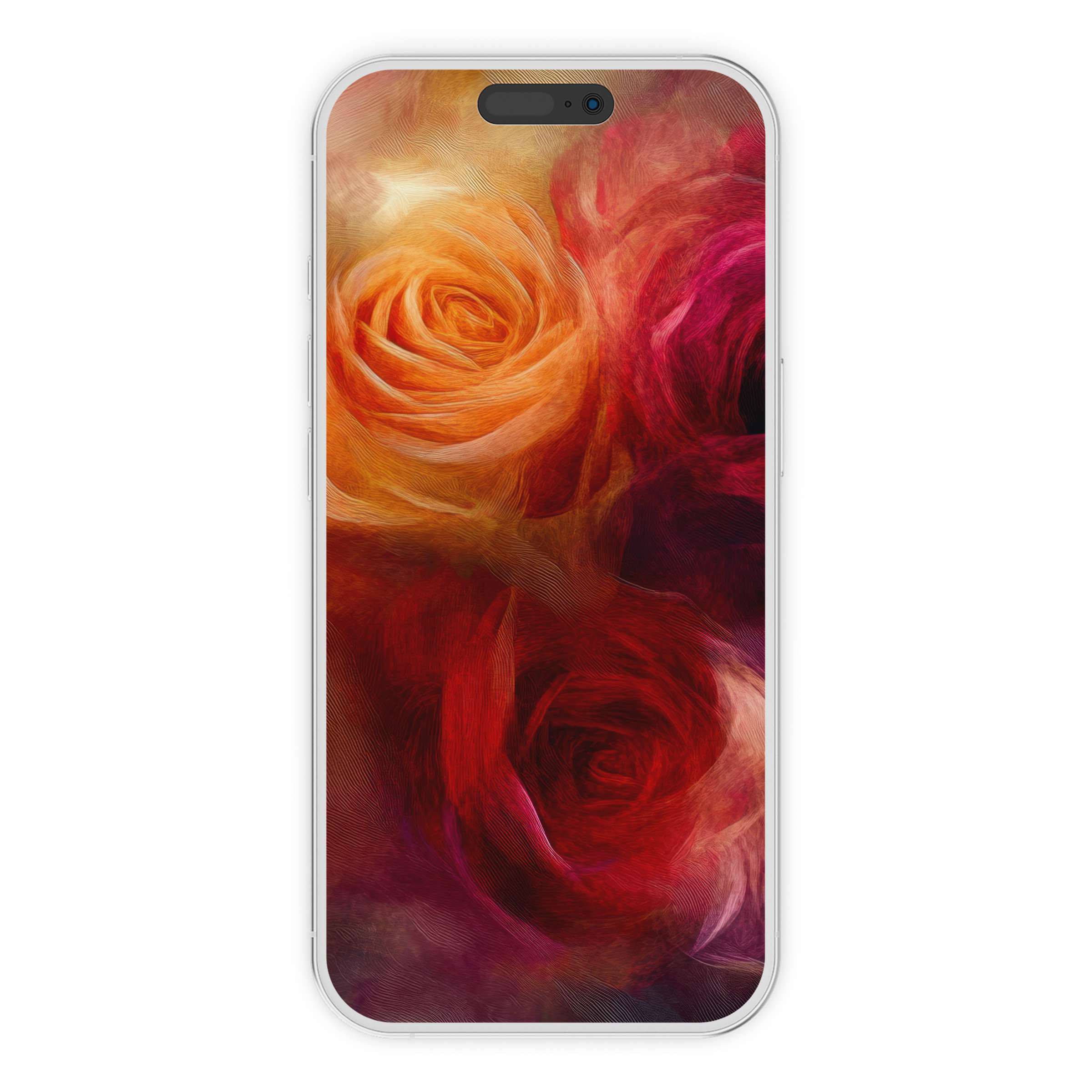 Elegant floral iPhone wallpaper in vibrant red and orange hues, perfect digital download for calming phone background aesthetics