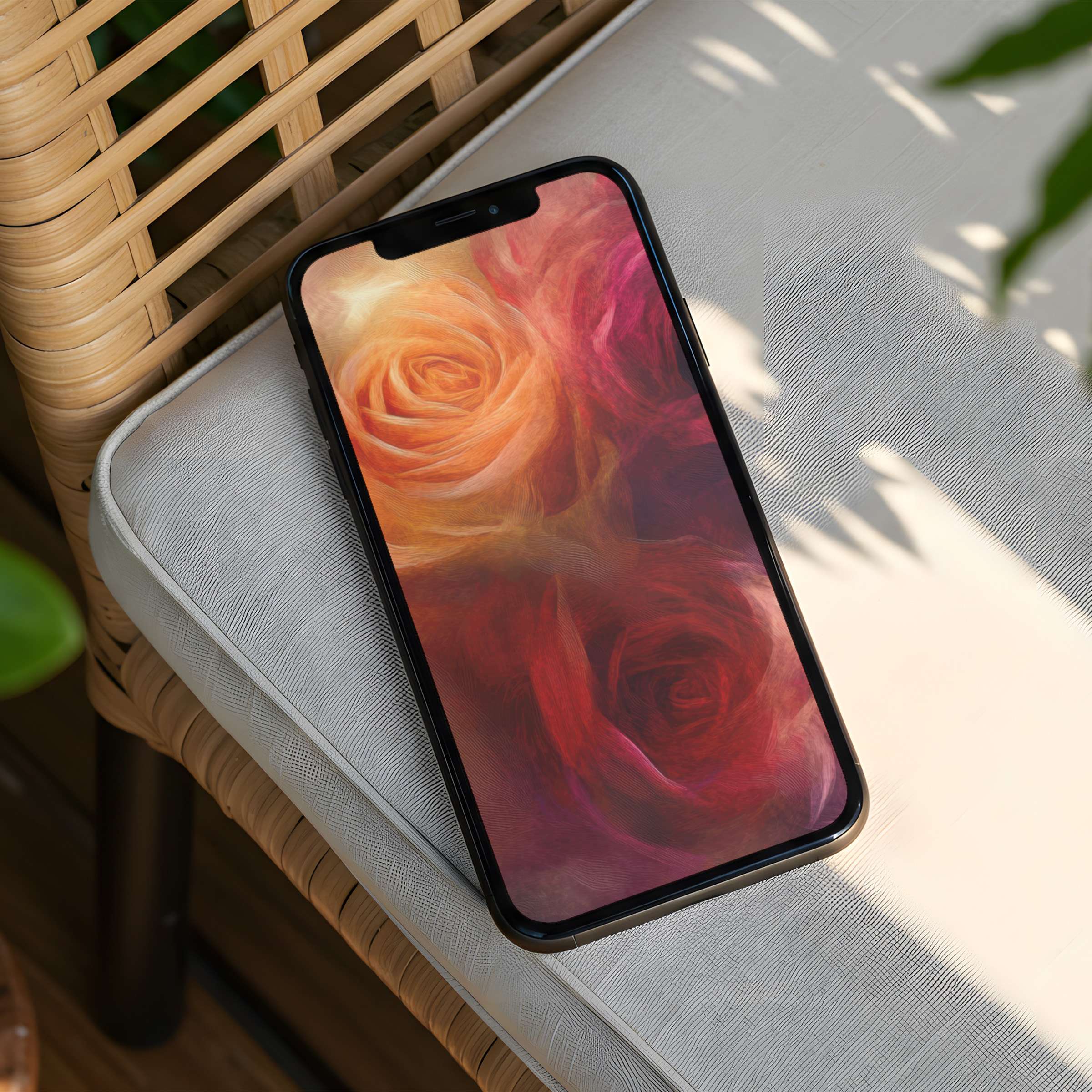 Elegant floral iPhone background with warm, swirling hues on phone screen offering instant download for serene, mindful aesthetics