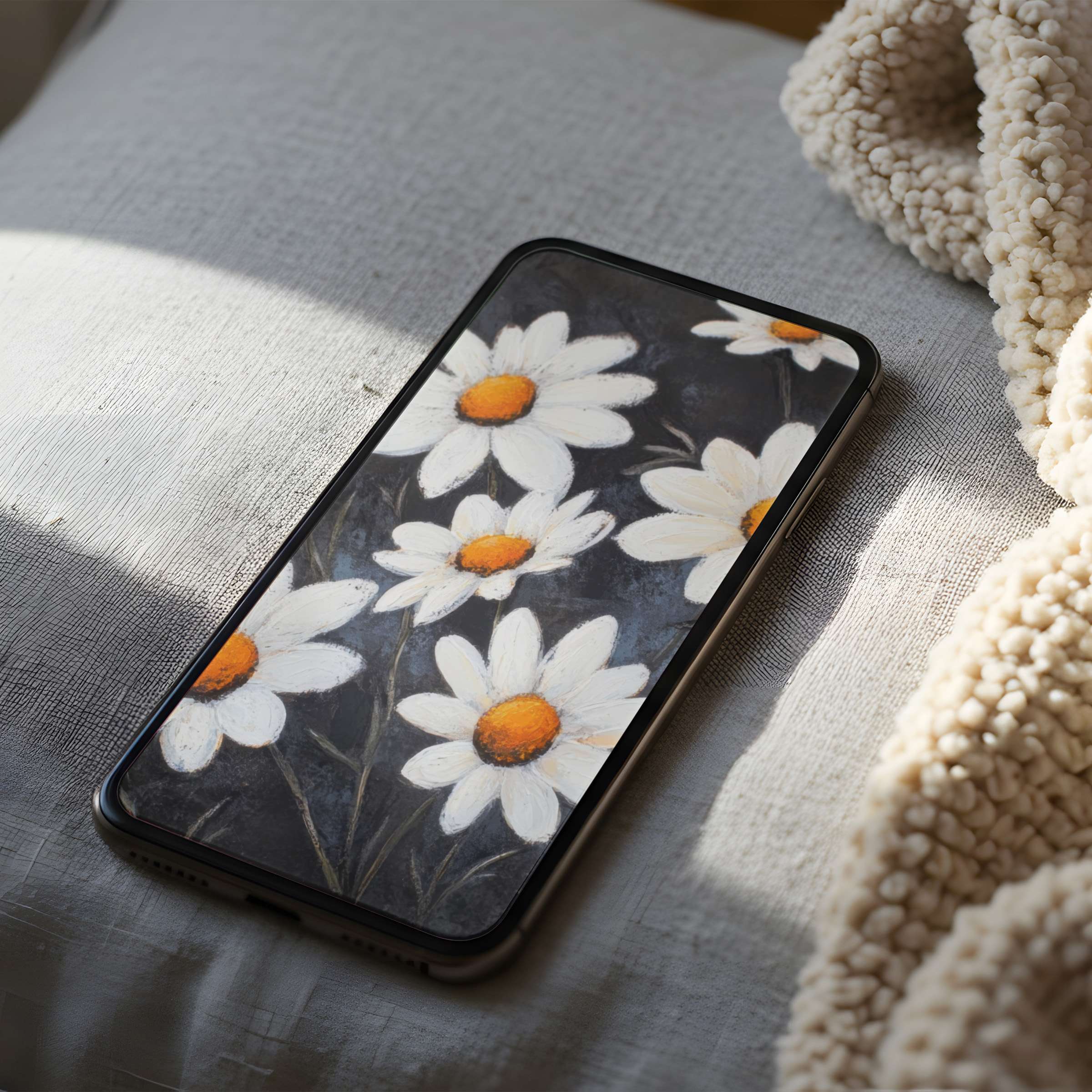 Elegant daisy artwork as a phone wallpaper brings tranquility; a high resolution, curated digital download for iPhone and android phones