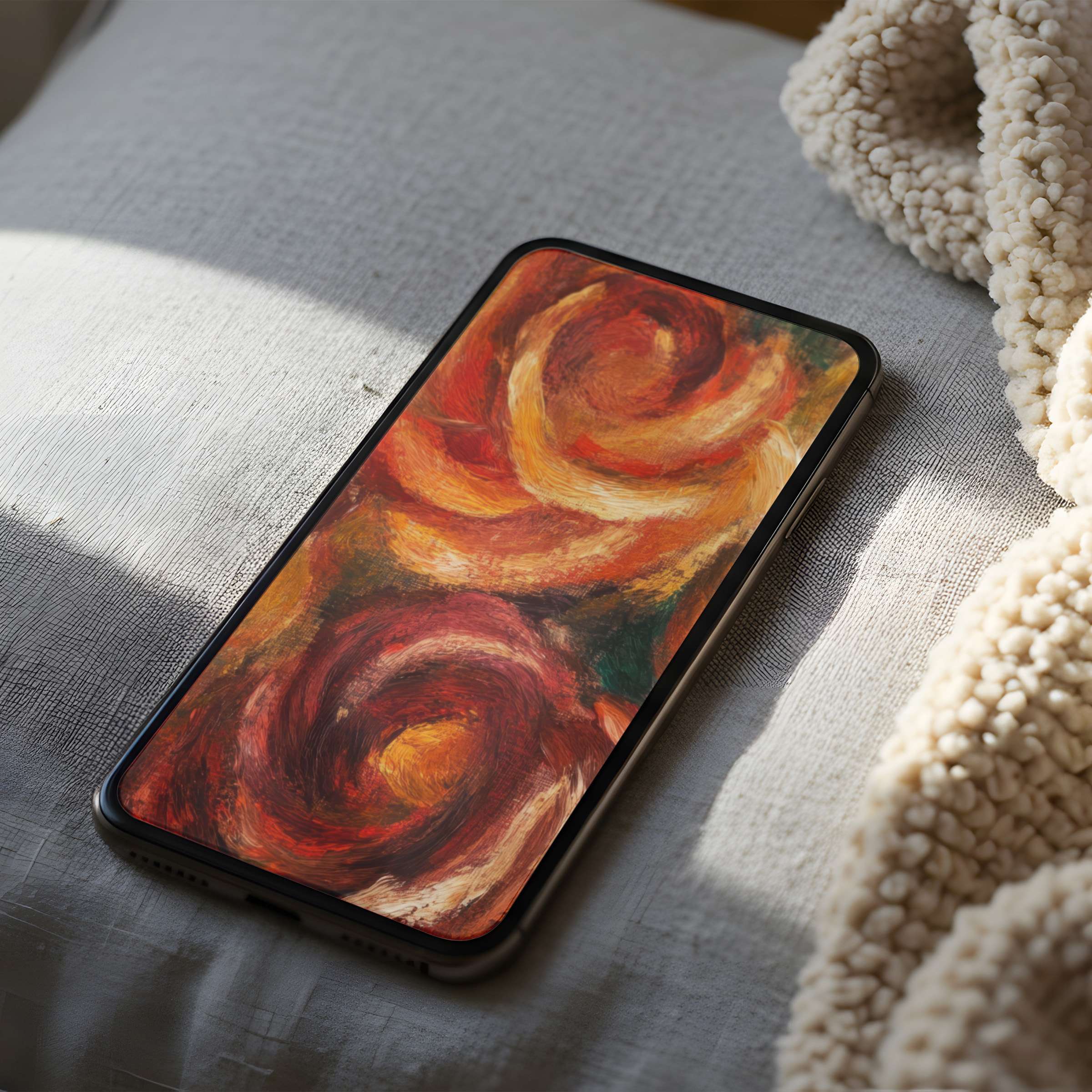 Swirling abstract phone wallpaper with warm red and orange hues offers a high resolution digital download for iPhone and Android users