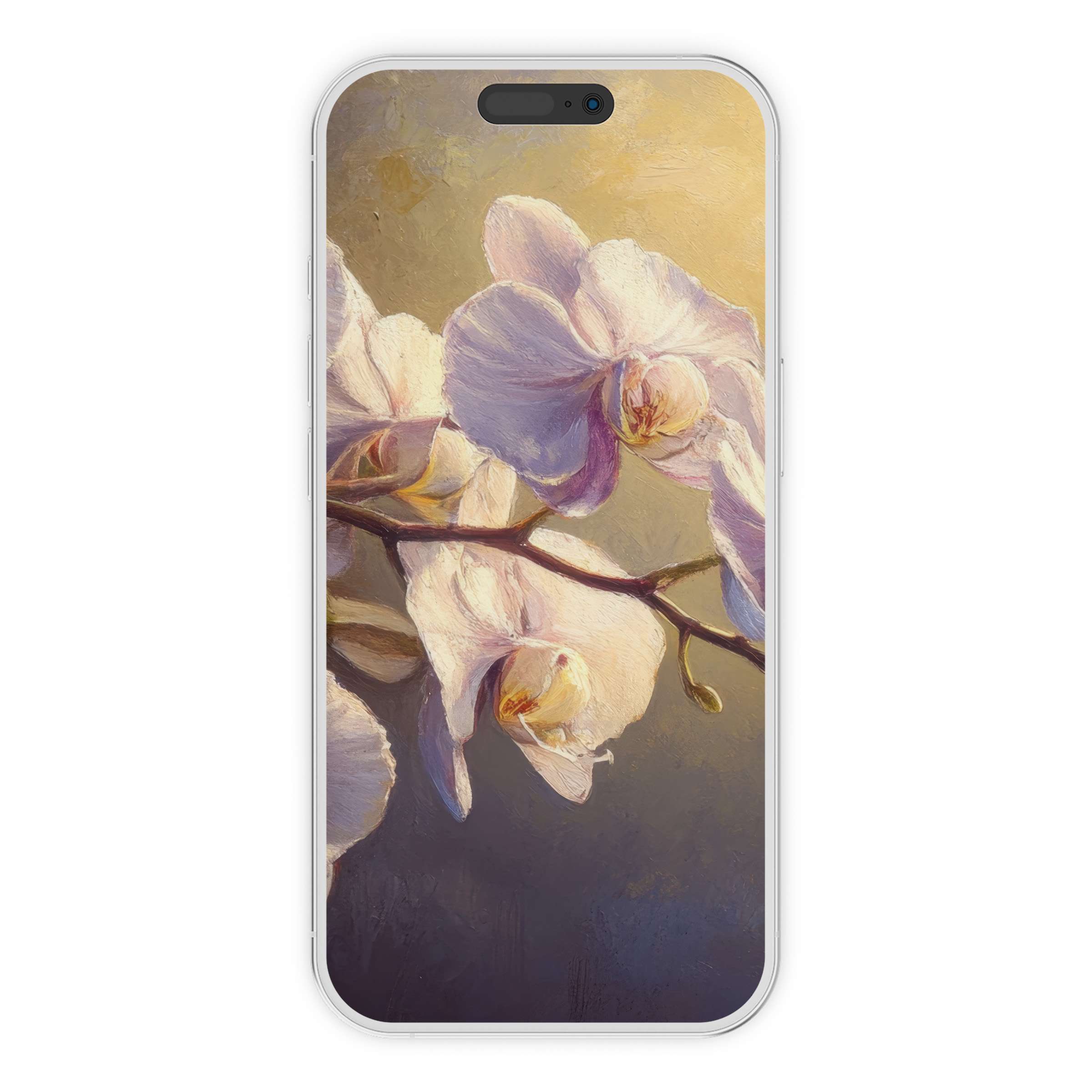 Elegant floral iPhone wallpaper featuring serene orchids in soft pastels perfect as a calming phone background digital download