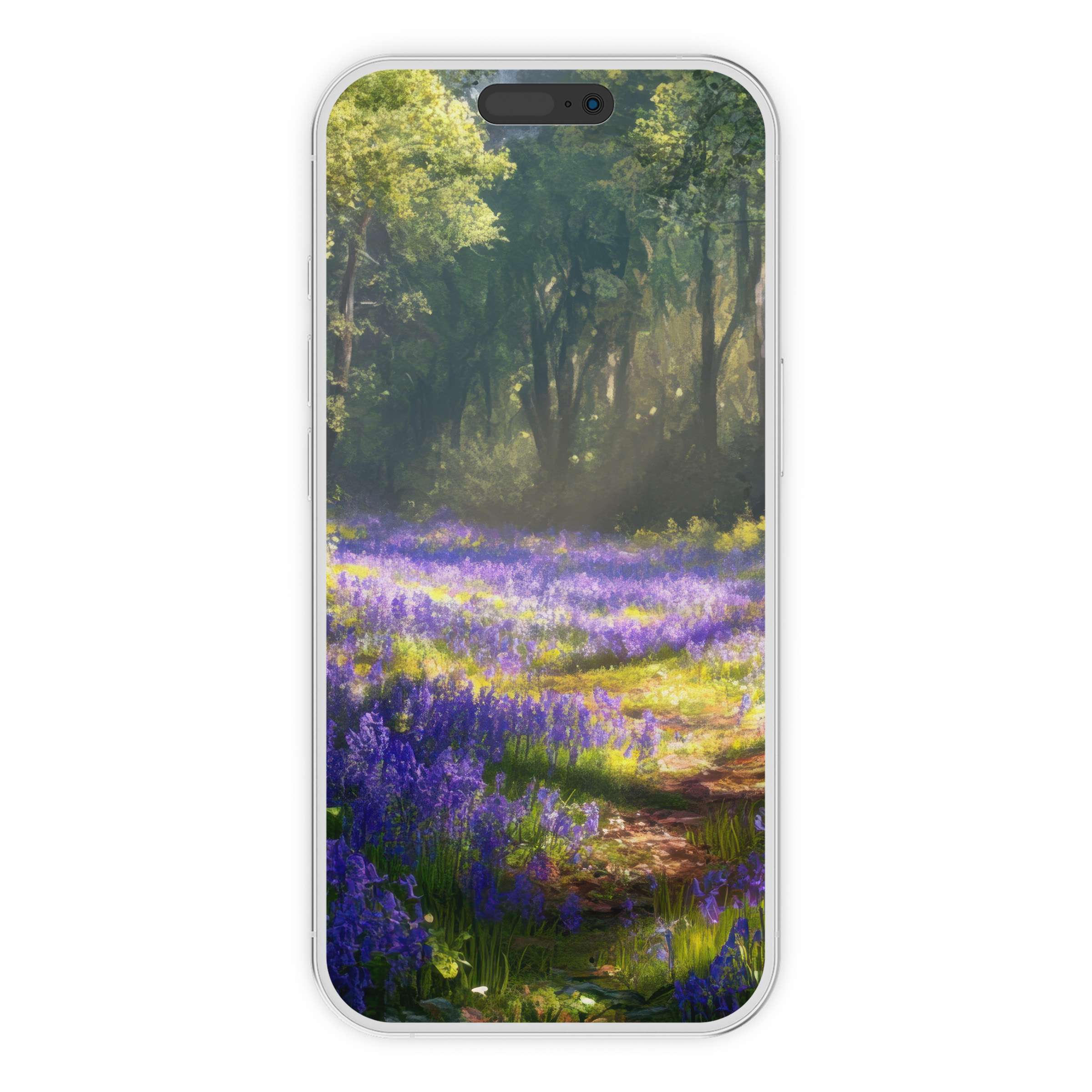 Digital download of a floral iPhone wallpaper with serene purple flowers and lush green forest background ideal for phones