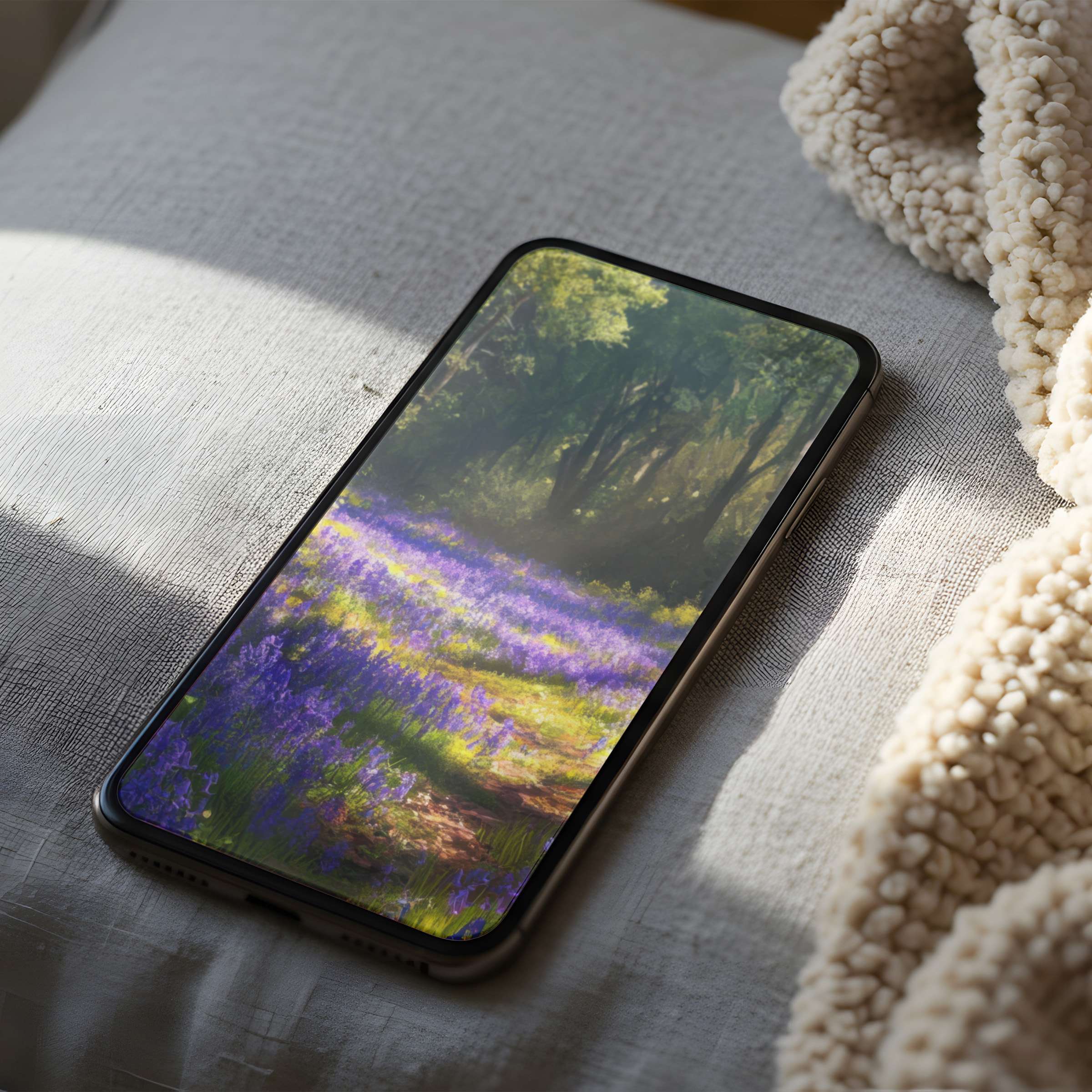 Serene phone wallpaper showcasing a lavender path through sunlit woods offers aesthetic joy for iPhone and android phones high resolution