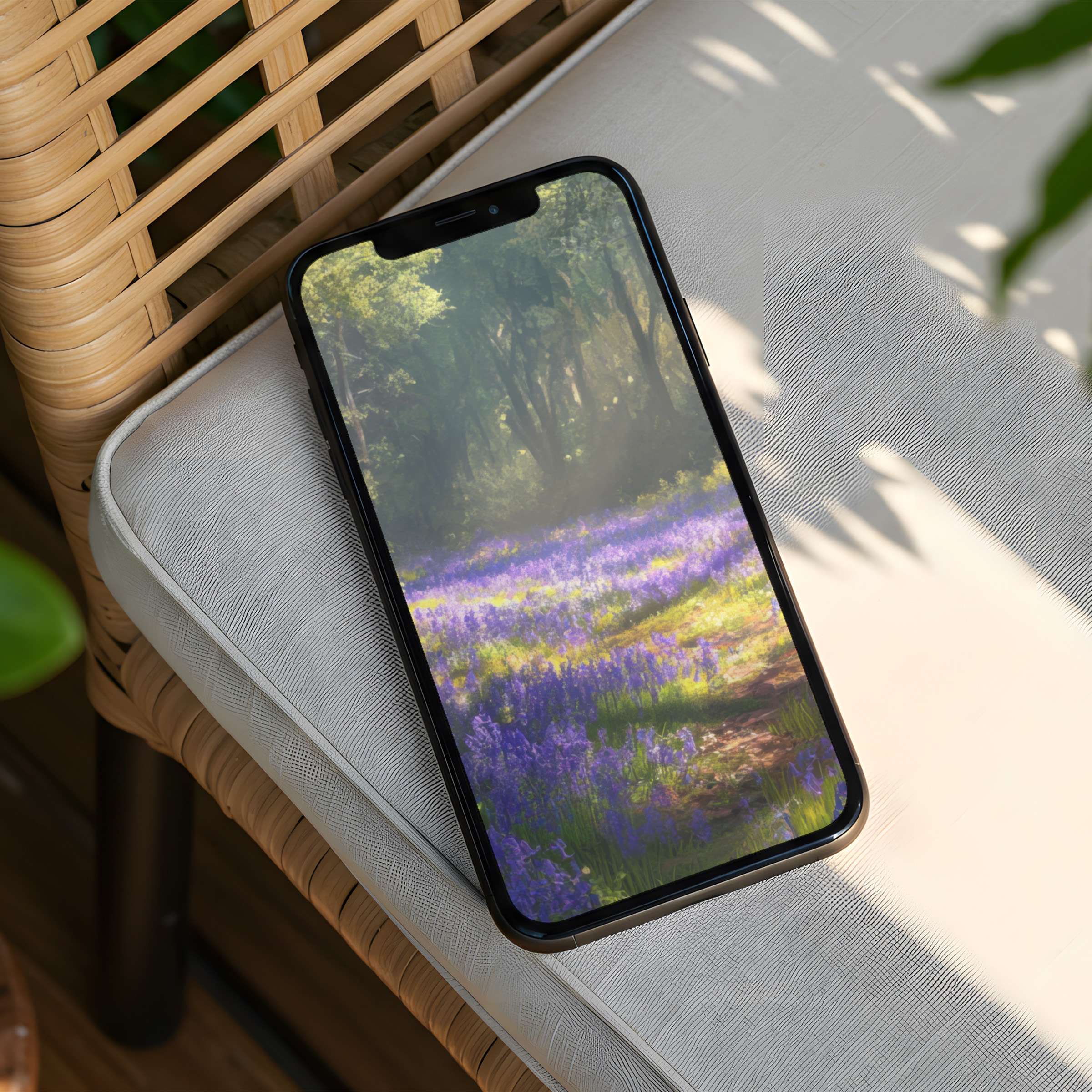 Elegant iPhone background with serene forest and purple flowers offers instant download for calm phone inspiration and mindfulness