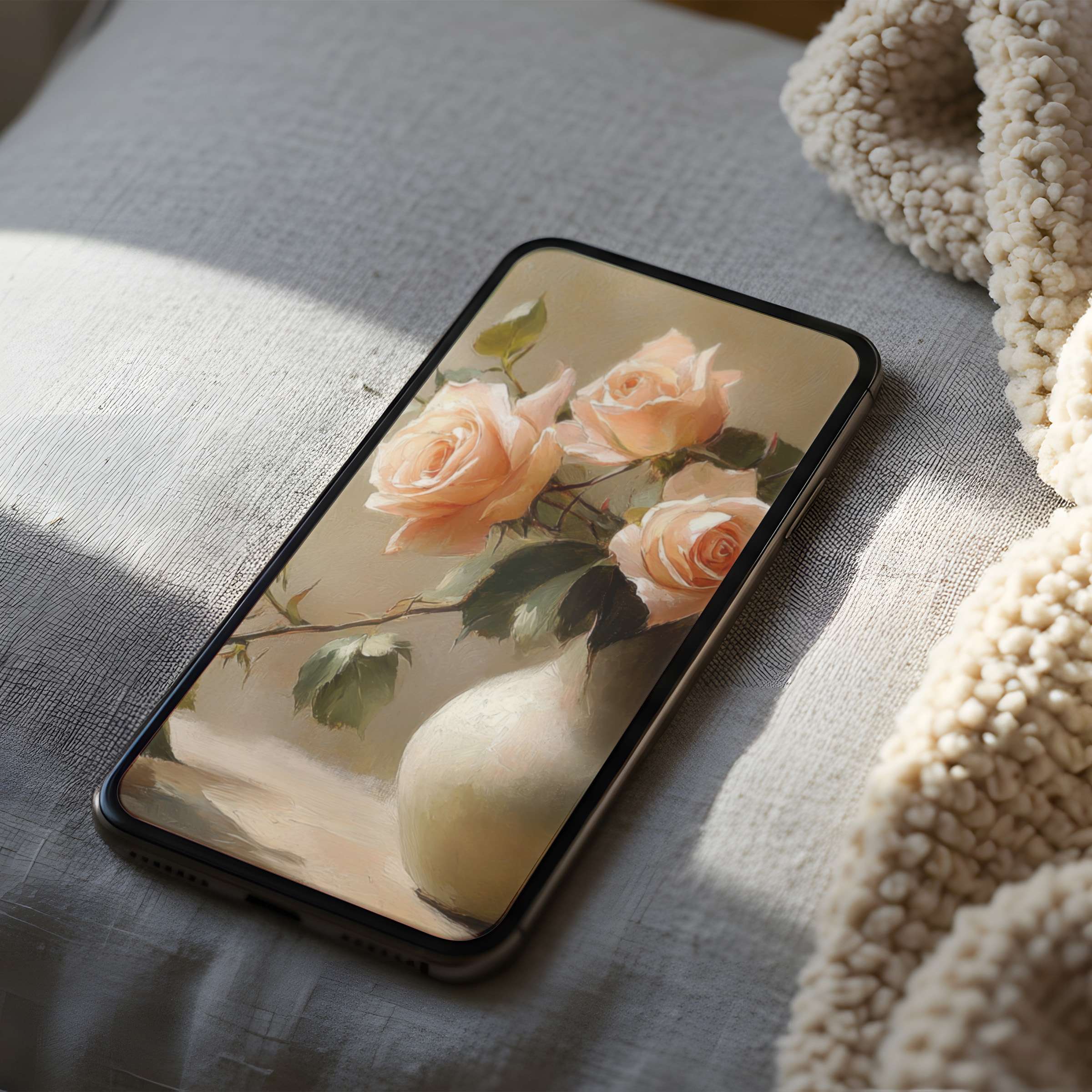 Elegant floral phone wallpaper with pastel roses evokes serenity, perfect for iPhone and Android users seeking high-resolution digital downloads