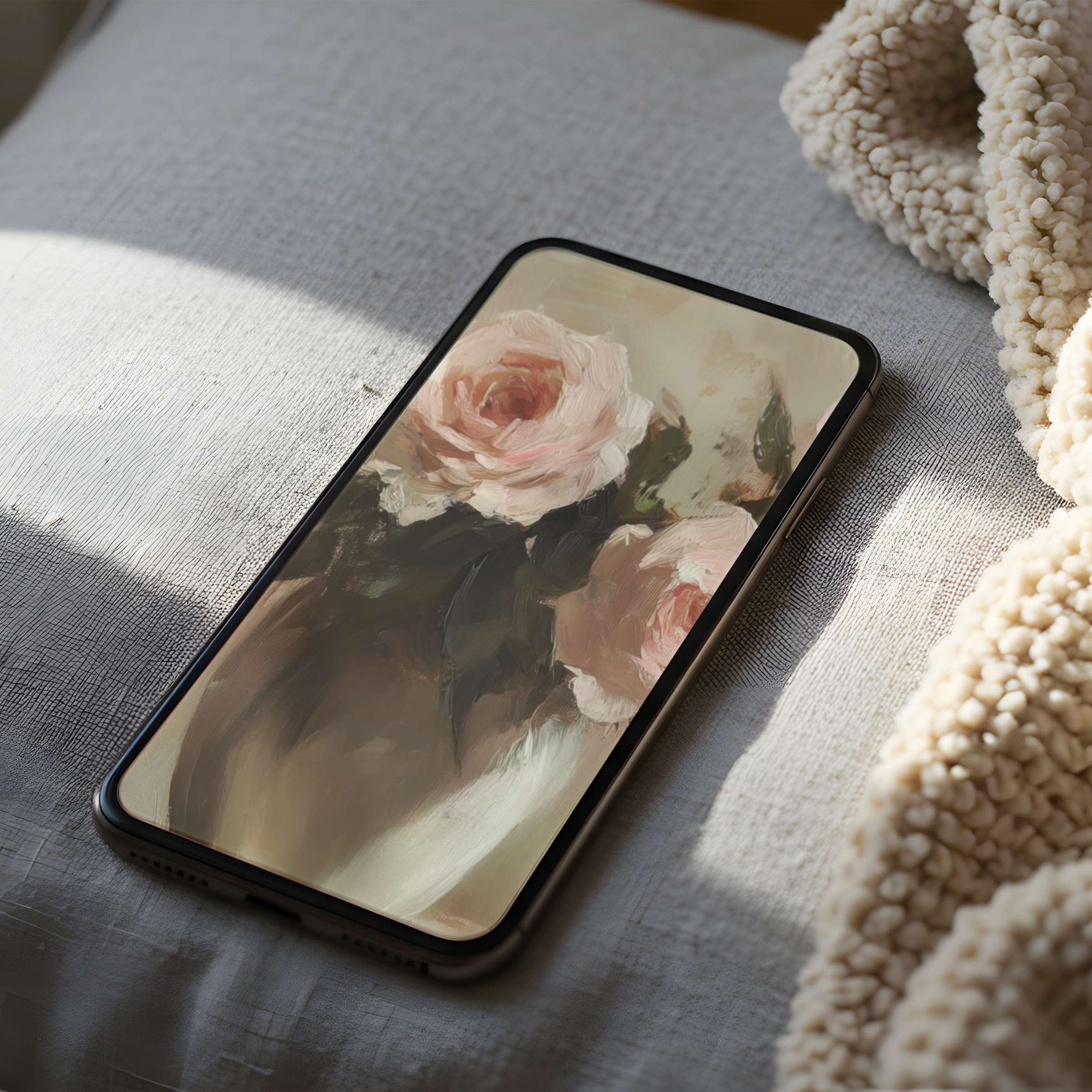 Elegant phone wallpaper featuring soft pink roses in a digital painting style on high-resolution iPhone screen, perfect for calm decor