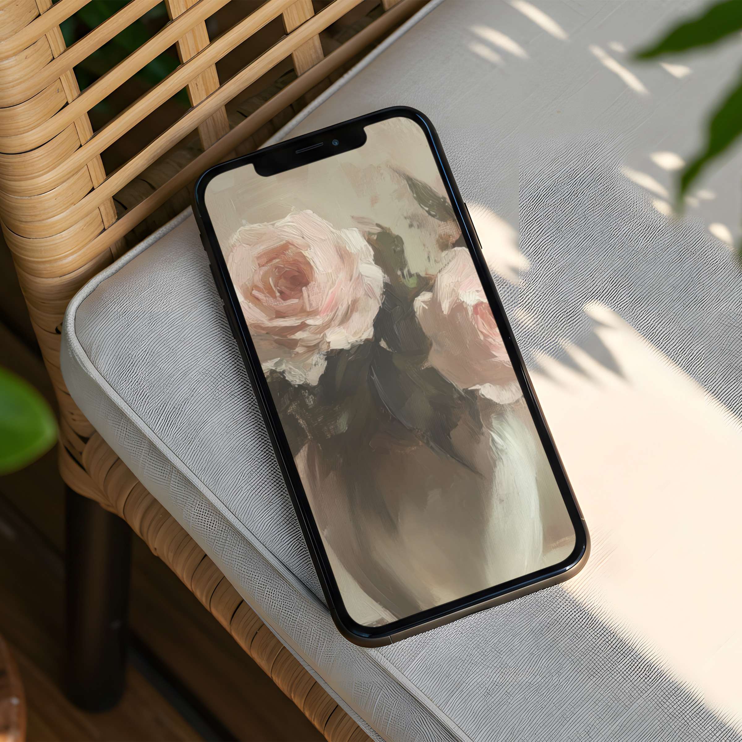Elegant floral iPhone background featuring soft pink roses on a wicker chair offers instant download for phone calm and inspiration