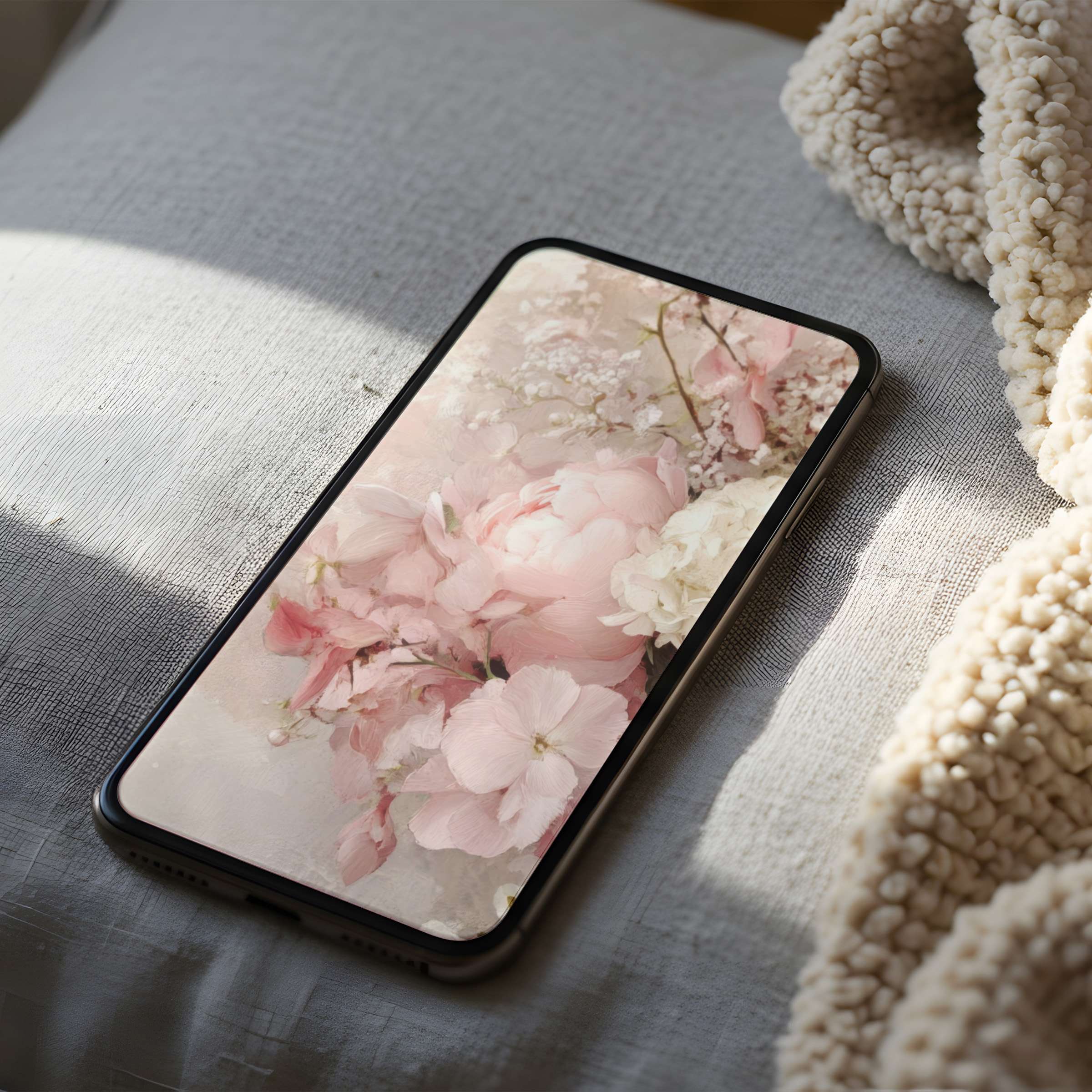 Romantic floral phone wallpaper in soft pink hues, perfect for iPhone and Android, offers digital download for calming elegance