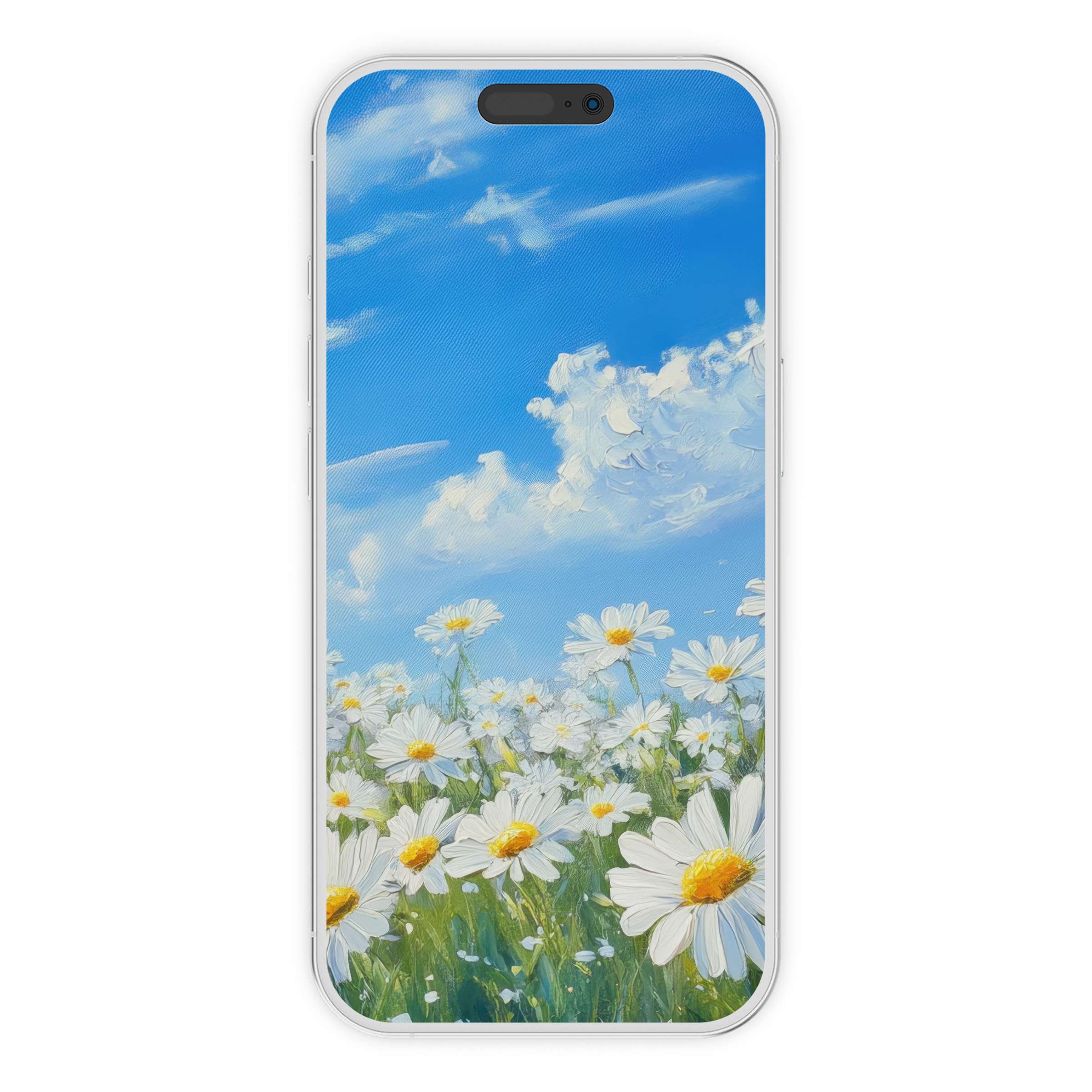 Floral iPhone wallpaper featuring serene daisies under a vibrant blue sky creates a calming phone background digital download option