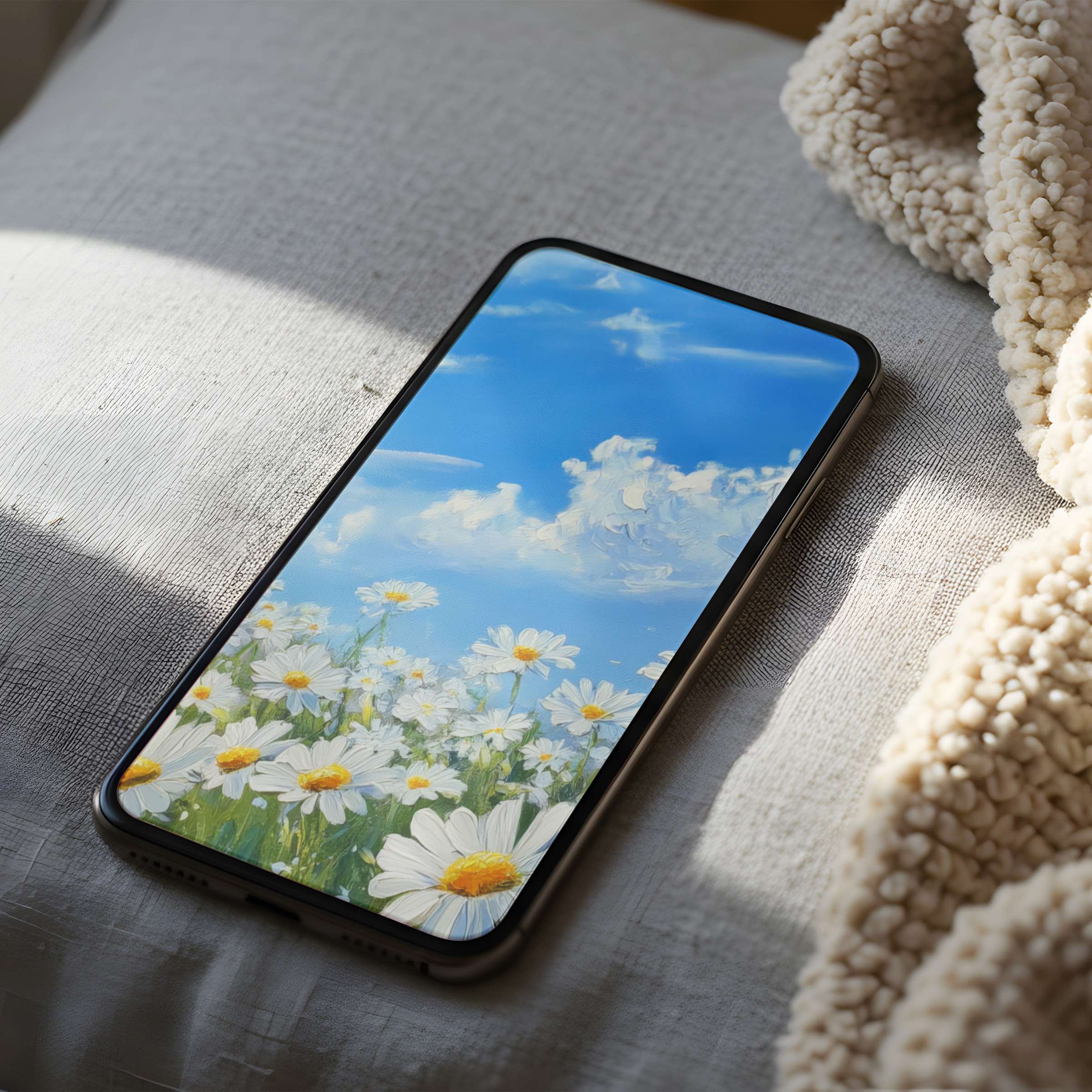Calming daisy field phone wallpaper in high resolution, perfect for iPhone and Android, offers serene aesthetics and easy digital download