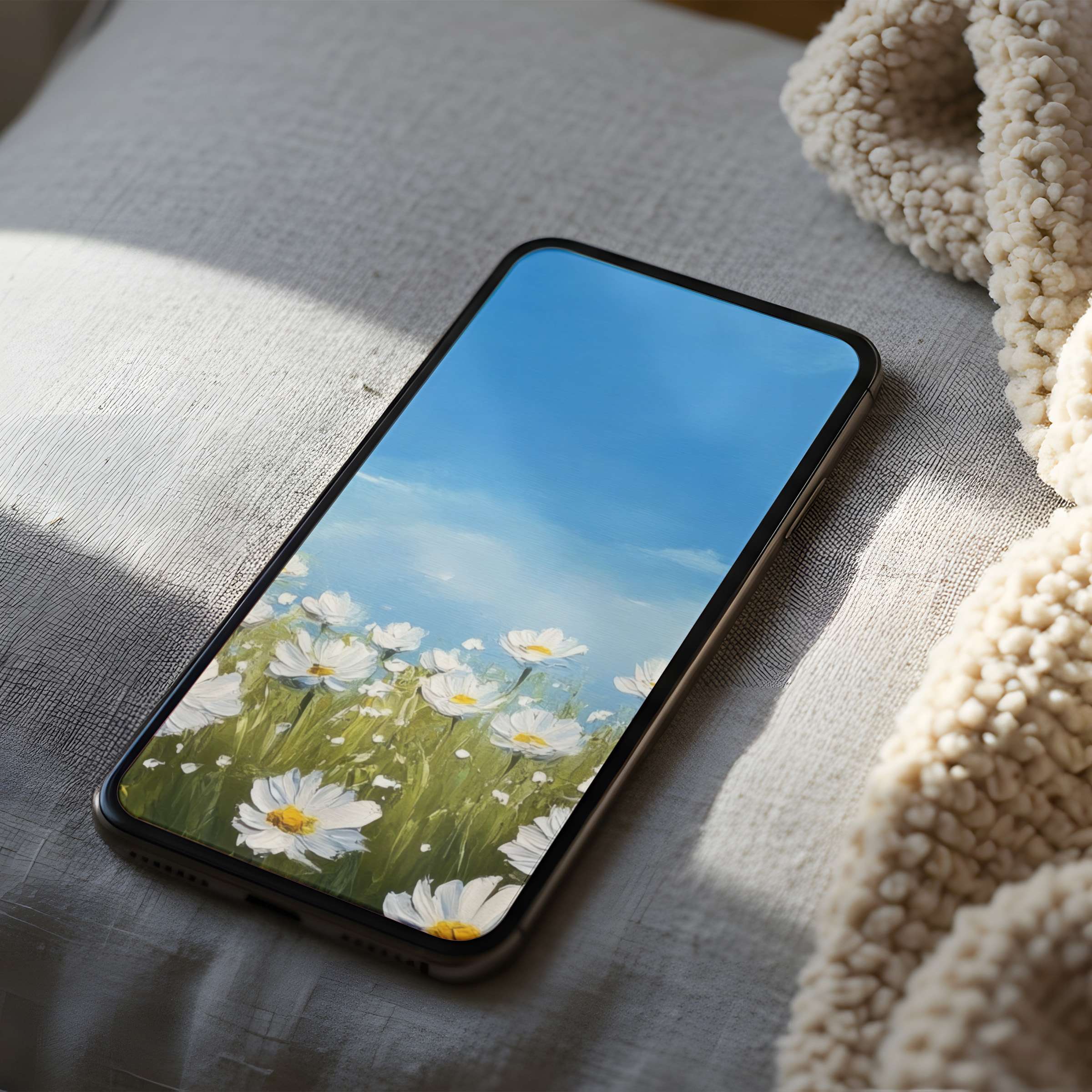 Elevate your phone wallpaper with serene daisy fields under a clear blue sky, perfect for iPhone or Android high-resolution download