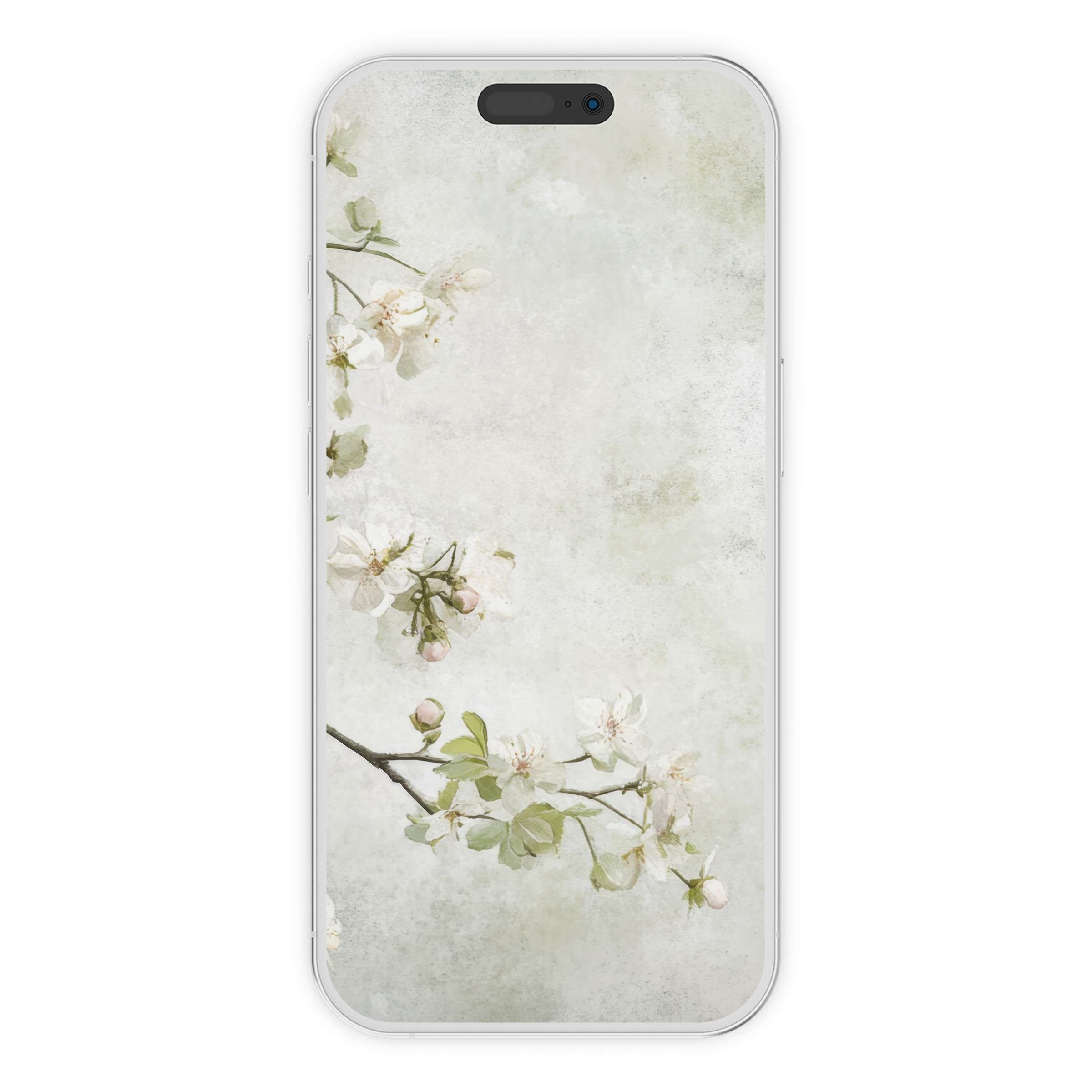 Elegant floral iPhone wallpaper with soft blossoms and branches on a muted background for a calming digital download phone art