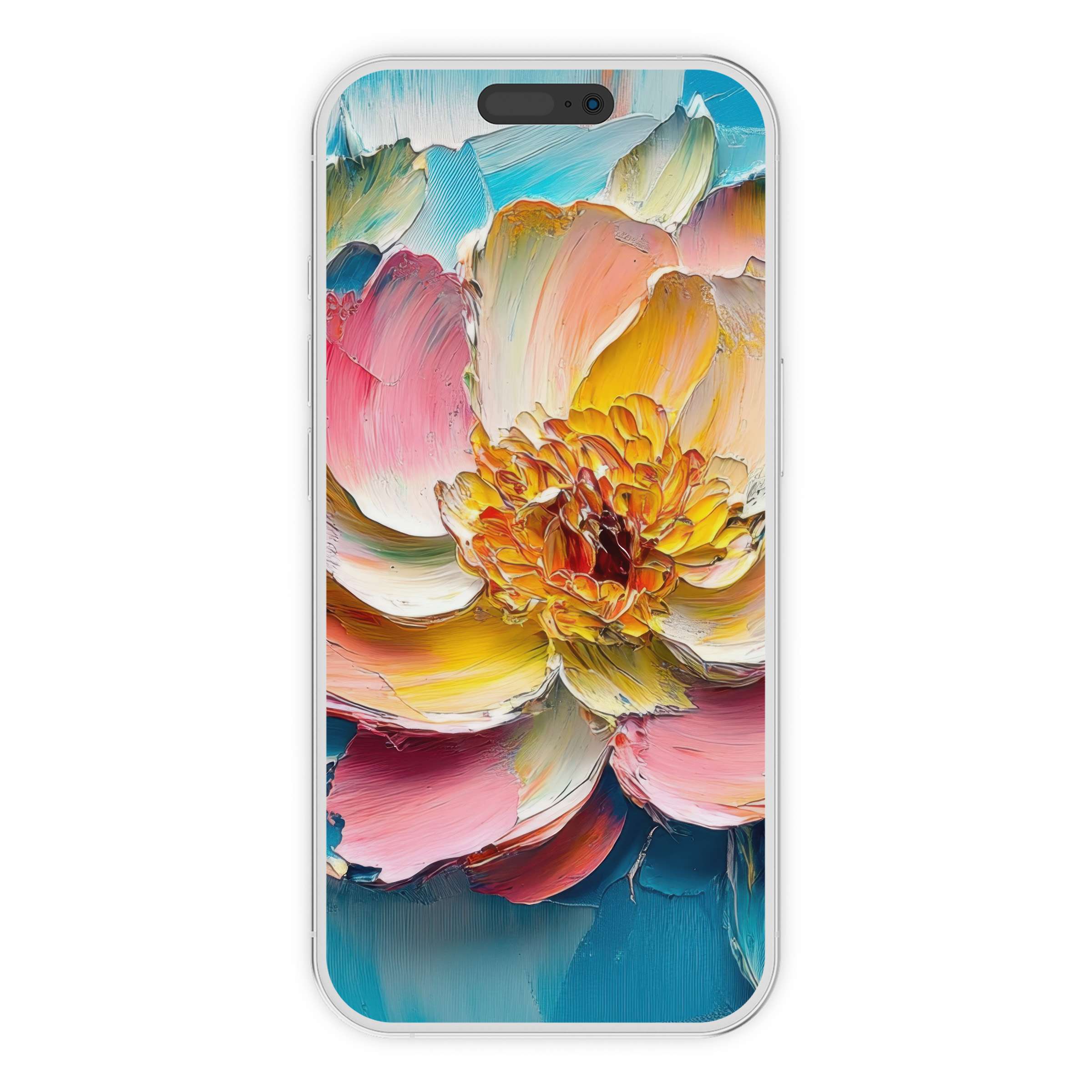 Vibrant floral iPhone wallpaper featuring an artistic floral design with pink, yellow, and blue hues for a serene phone background digital download